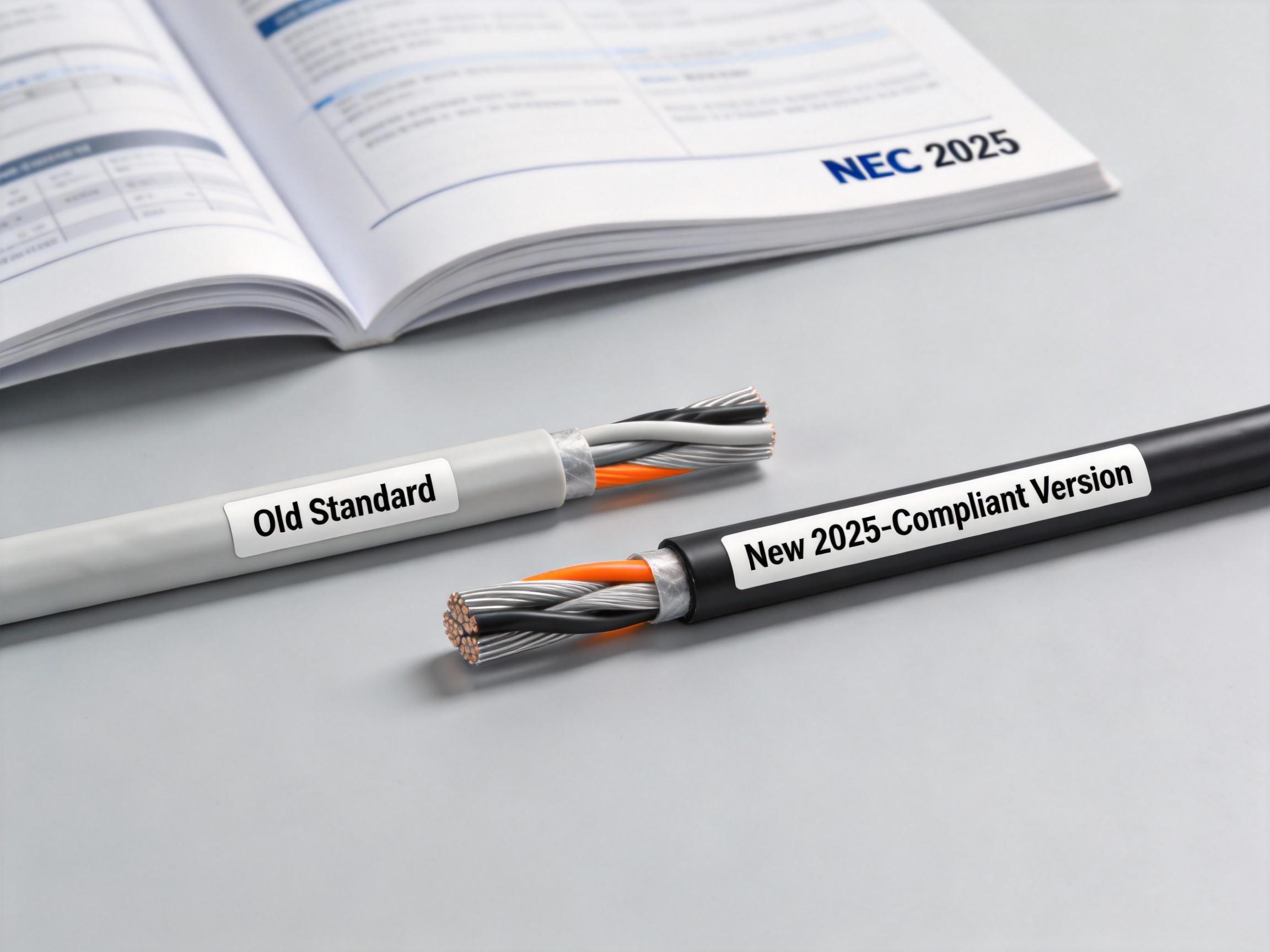Side-by-side comparison of old and new UL PV wires with a 2025 NEC code book open in the background