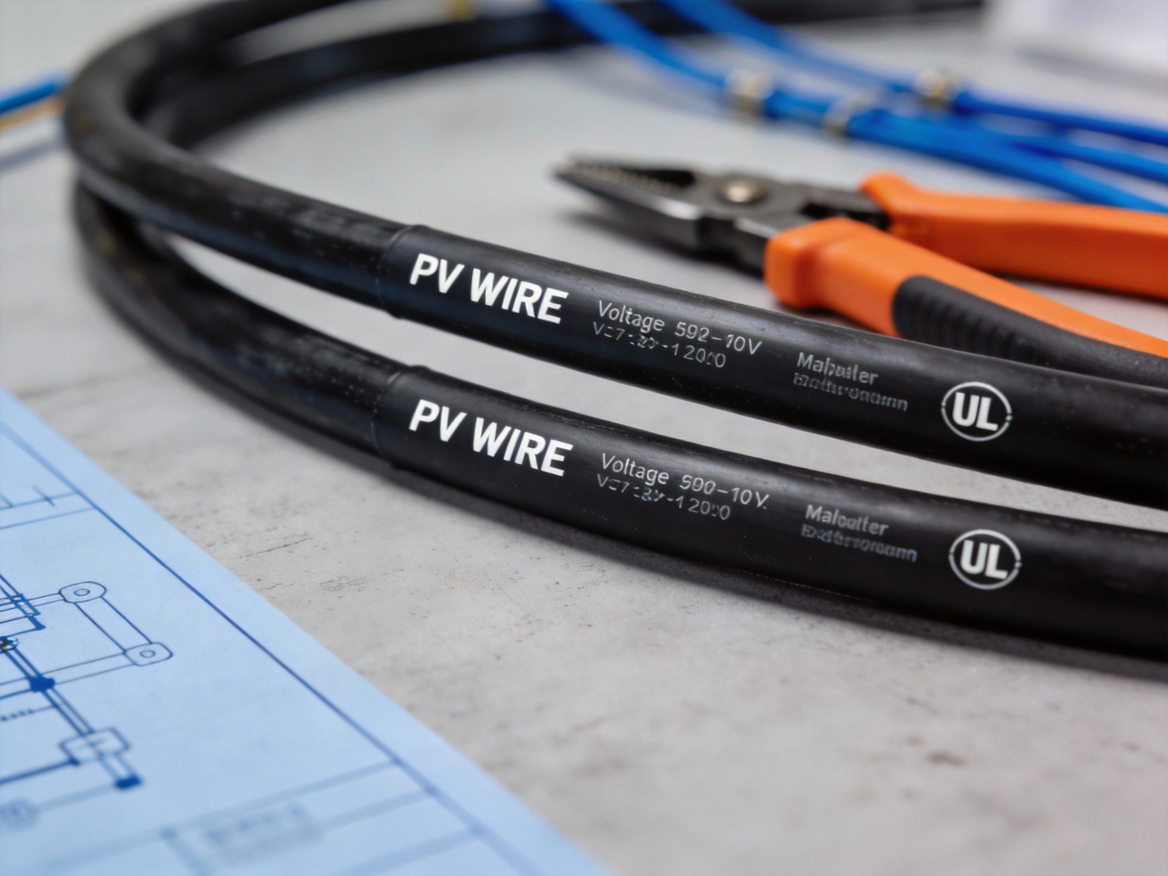 Close-up of a UL PV wire jacket showing printed markings for type, voltage, and manufacturer