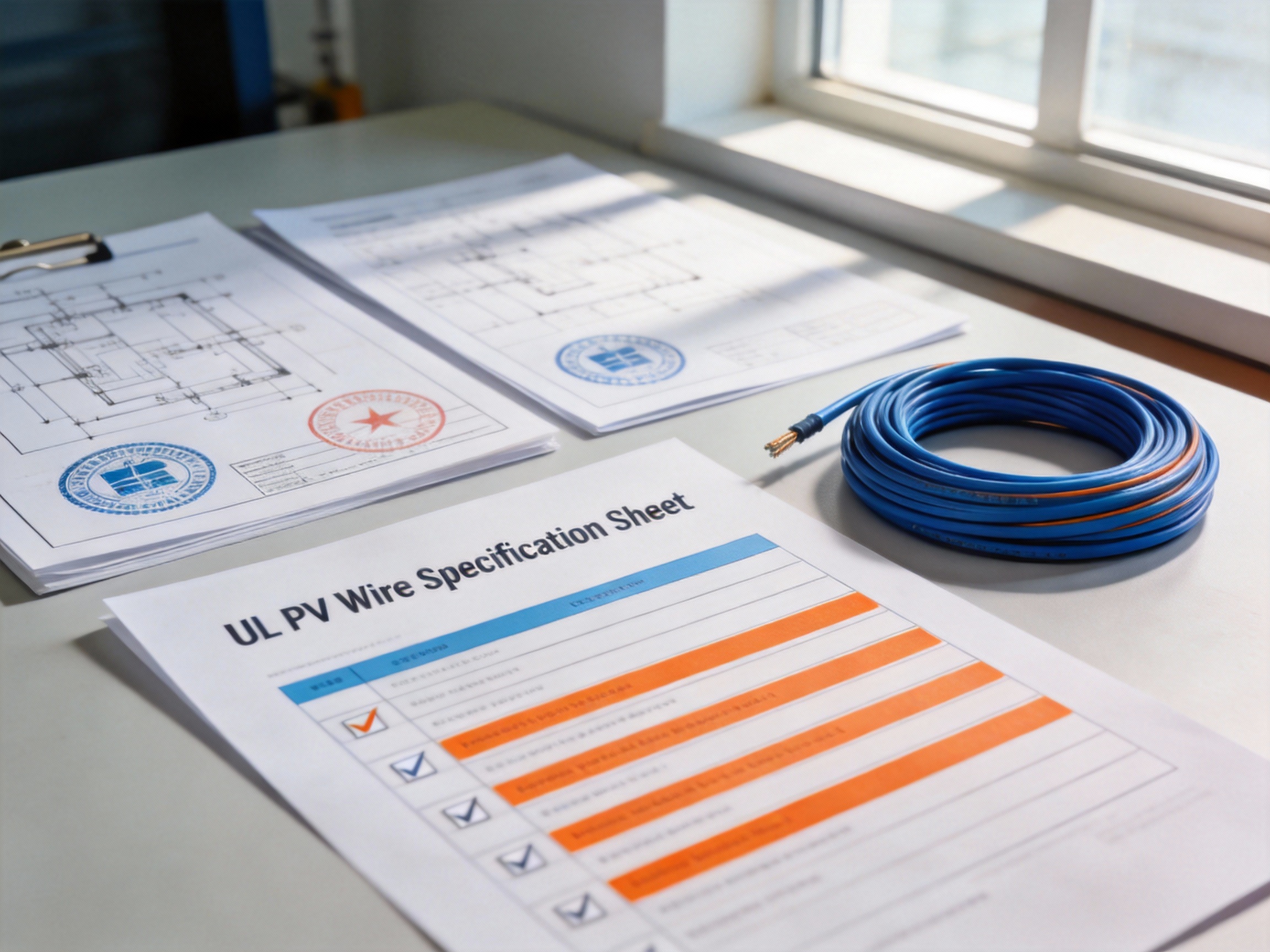 A project folder with stamped electrical plans, a UL PV wire spec sheet, and compliance checklist on a desk