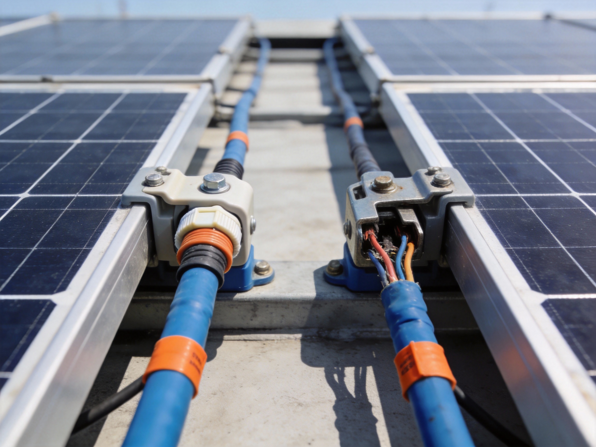 Side-by-side comparison of compliant and non-compliant UL PV wire installations showing correct and incorrect terminations