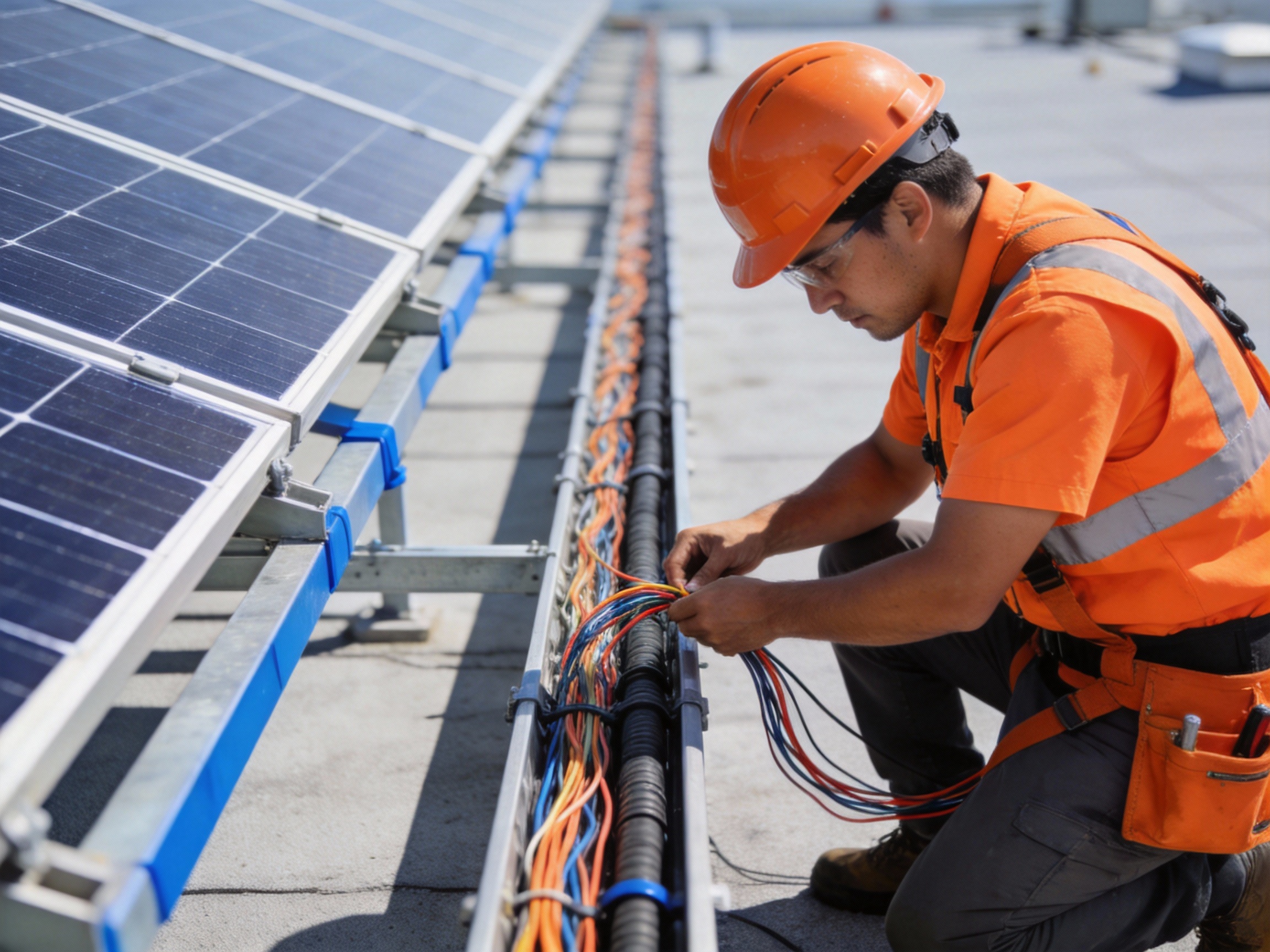 Solar technician in orange safety gear inspecting UL PV wires on a rooftop solar array during an upgrade