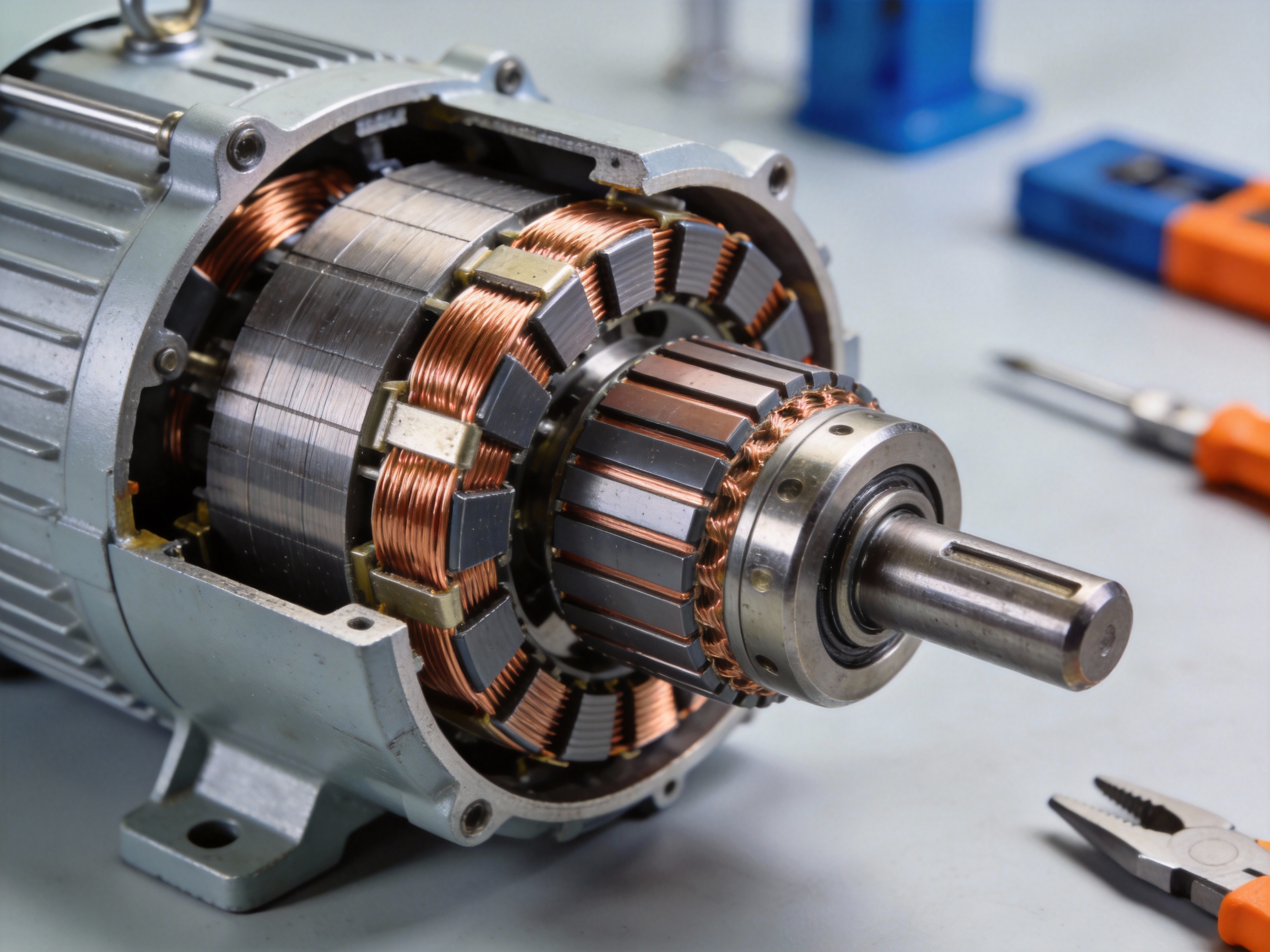 A cutaway view of a DC motor showing its internal components like armature, commutator, and permanent magnets