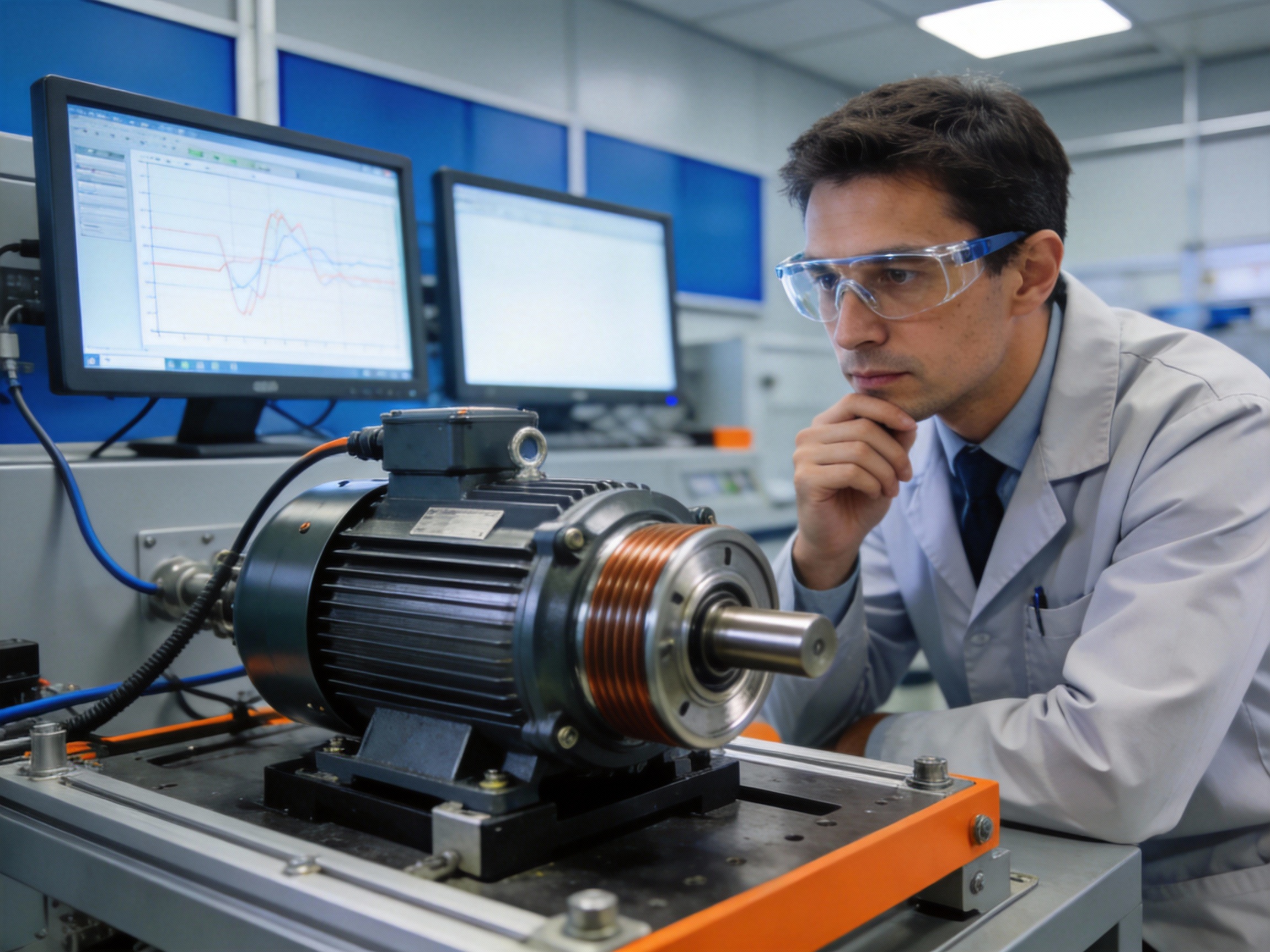 Engineer in a lab coat evaluating a high-torque DC motor mounted on a test bench with digital readouts