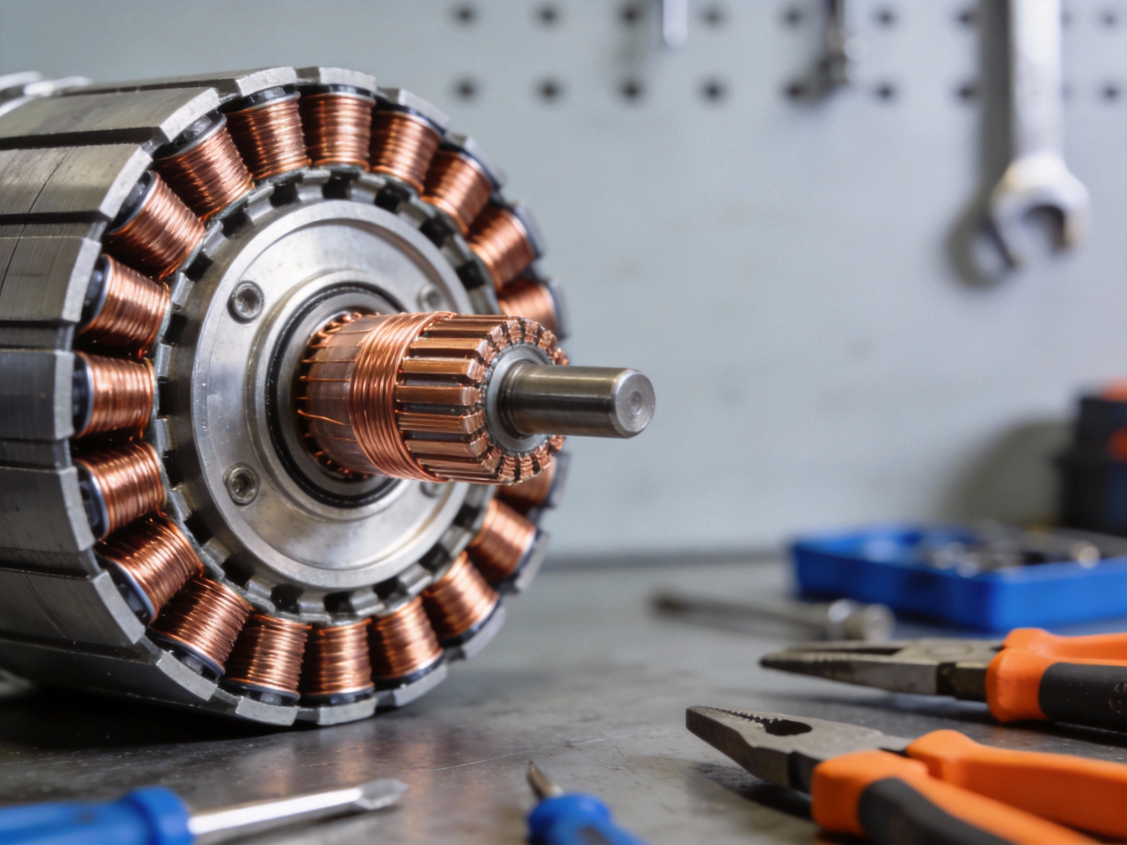 A permanent magnet DC motor with its housing removed to reveal the internal rotor and stator assembly