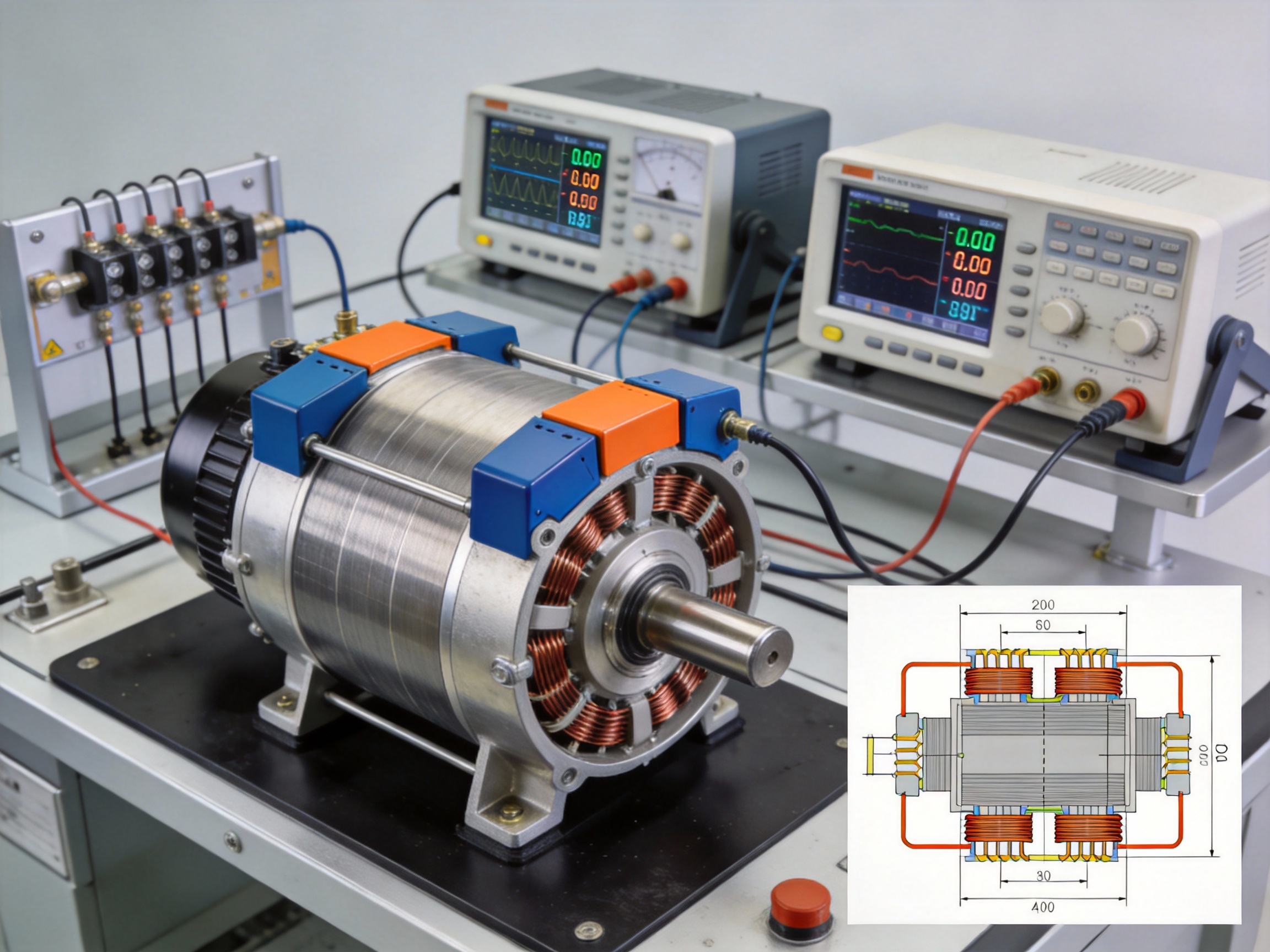 A shunt wound DC motor mounted on a test bench with connected instrumentation, demonstrating stable operation