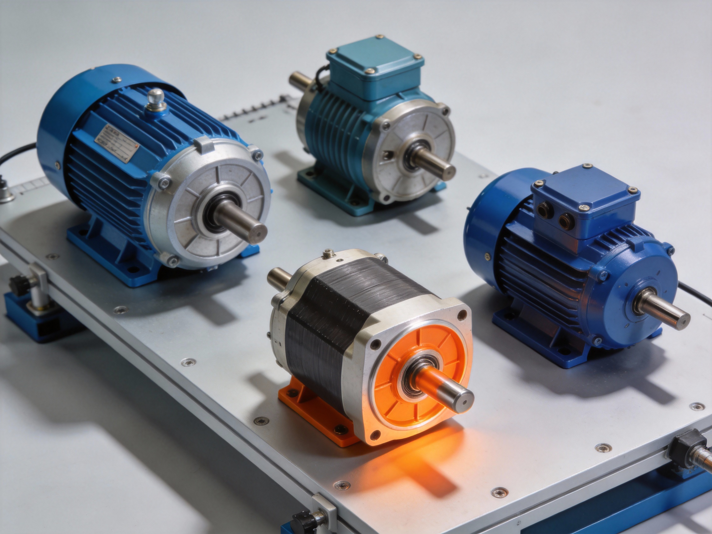 Side-by-side comparison of four industrial DC motor types on a test bench, highlighting their torque characteristics