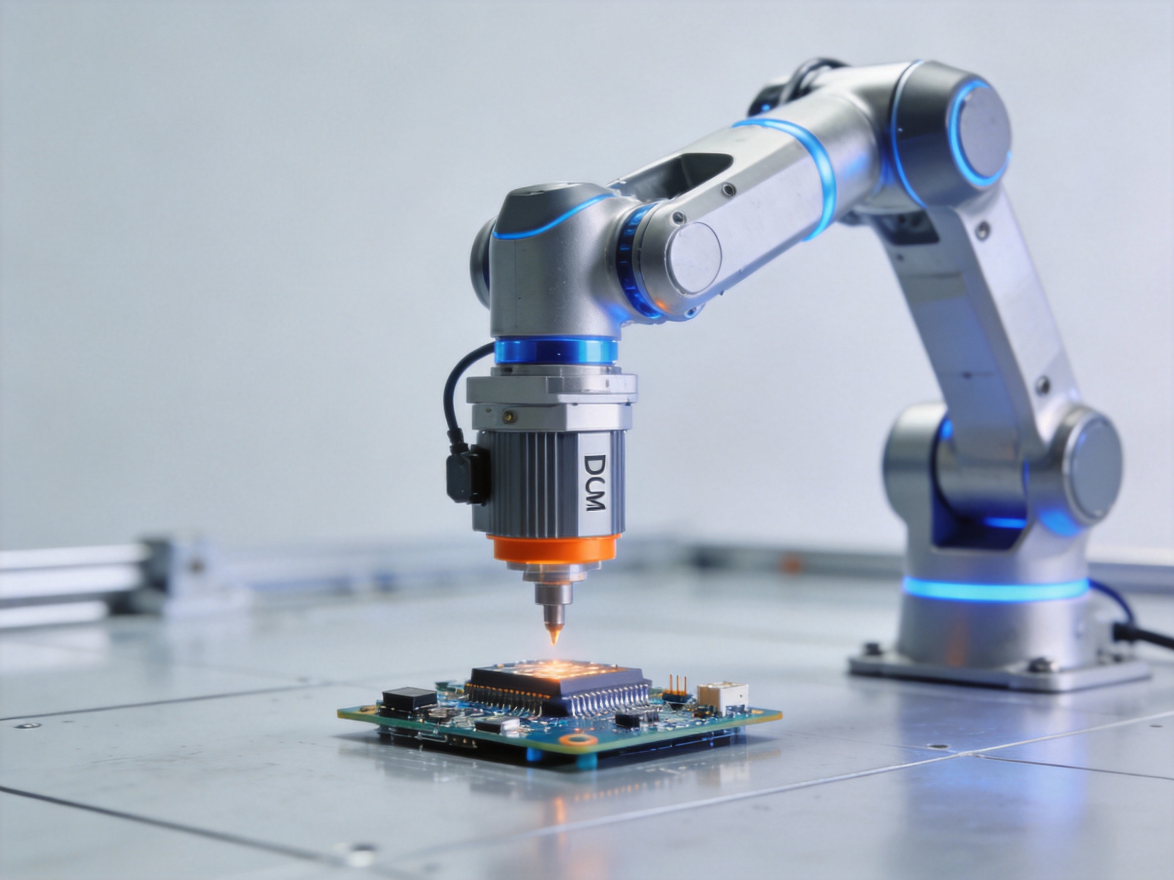 A robotic arm with a DC motor joint precisely assembling components on a modern factory production line