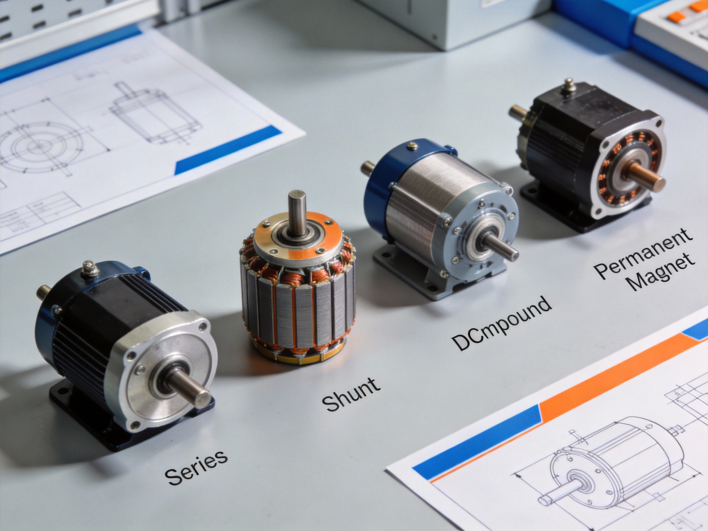 Four distinct DC motor types arranged side-by-side on a clean workbench for performance comparison