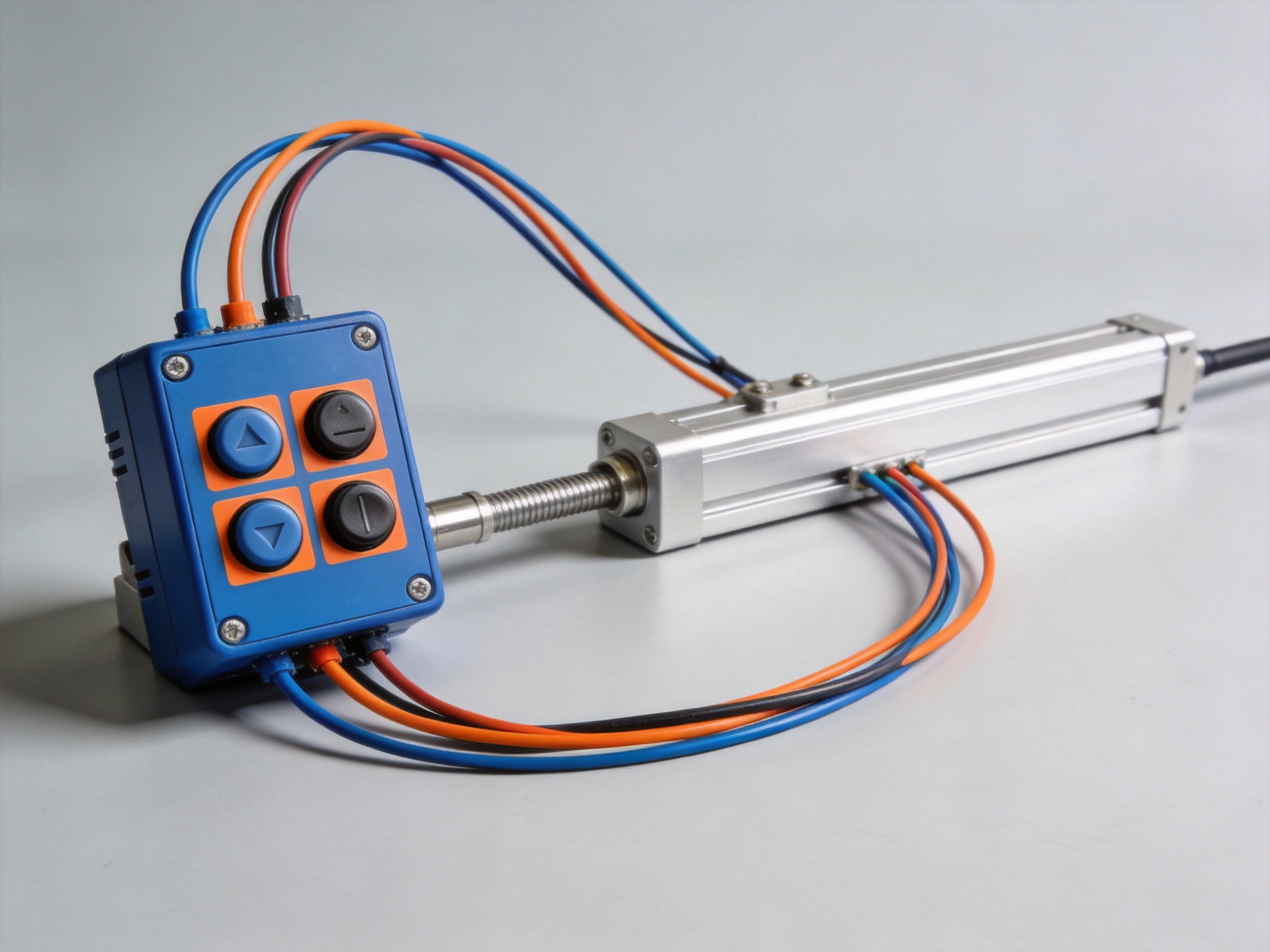 A 4-button DC motor controller with connected linear actuator demonstrating extension and retraction movements