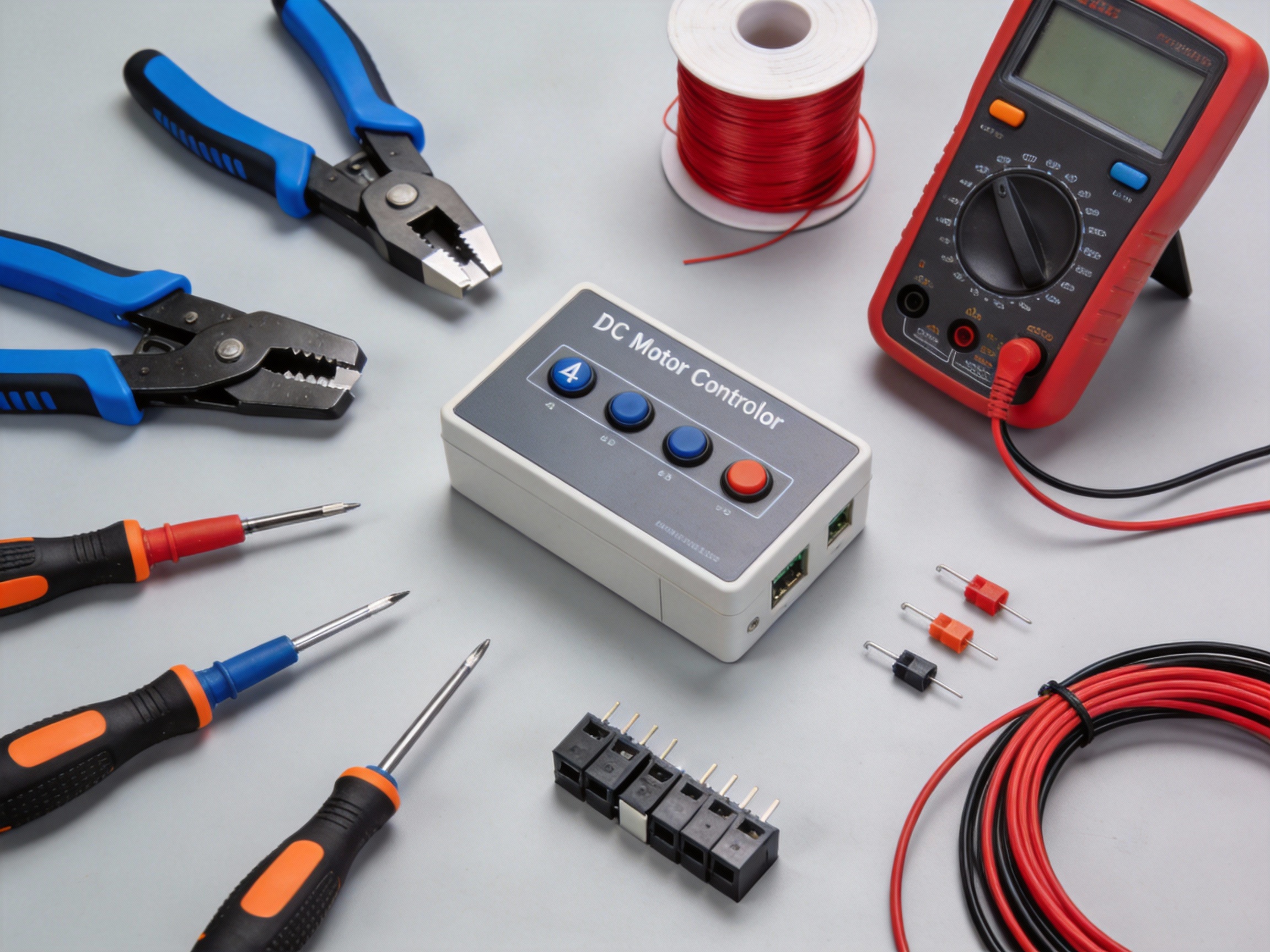 Organized collection of essential tools and components for wiring a 4 Buttons DC Motor Controller on a clean workbench
