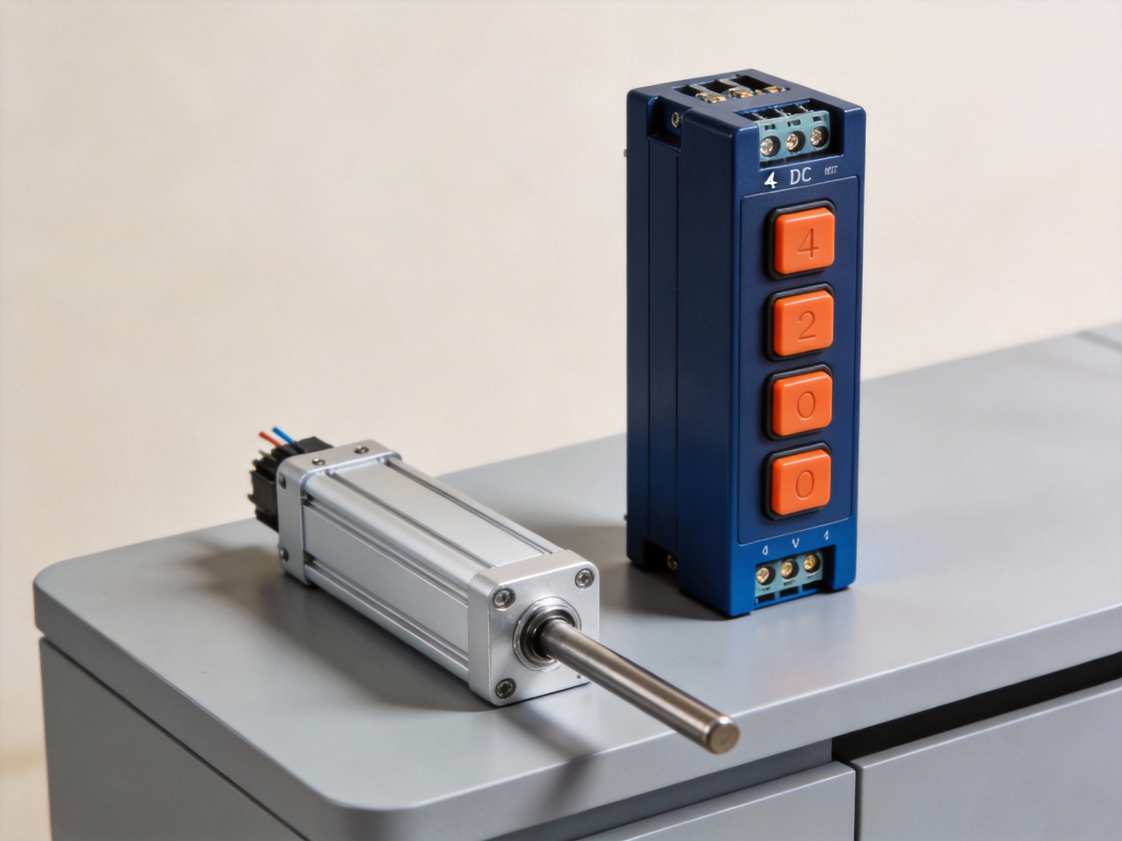 A 4-button DC motor controller and a 12V linear actuator placed side-by-side on a clean workbench