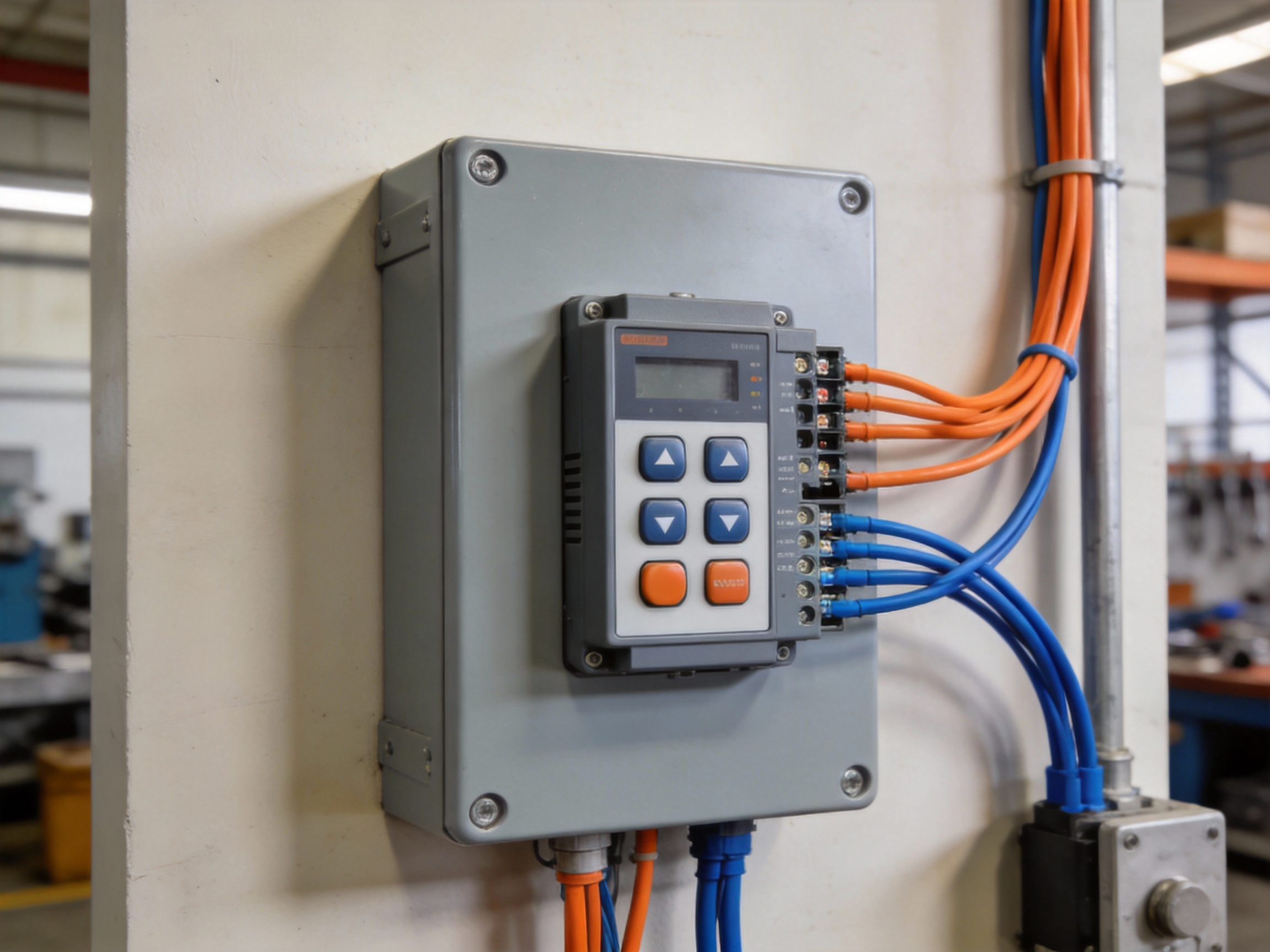 A 4 buttons DC motor controller mounted in a clean industrial control panel with connected actuator cables