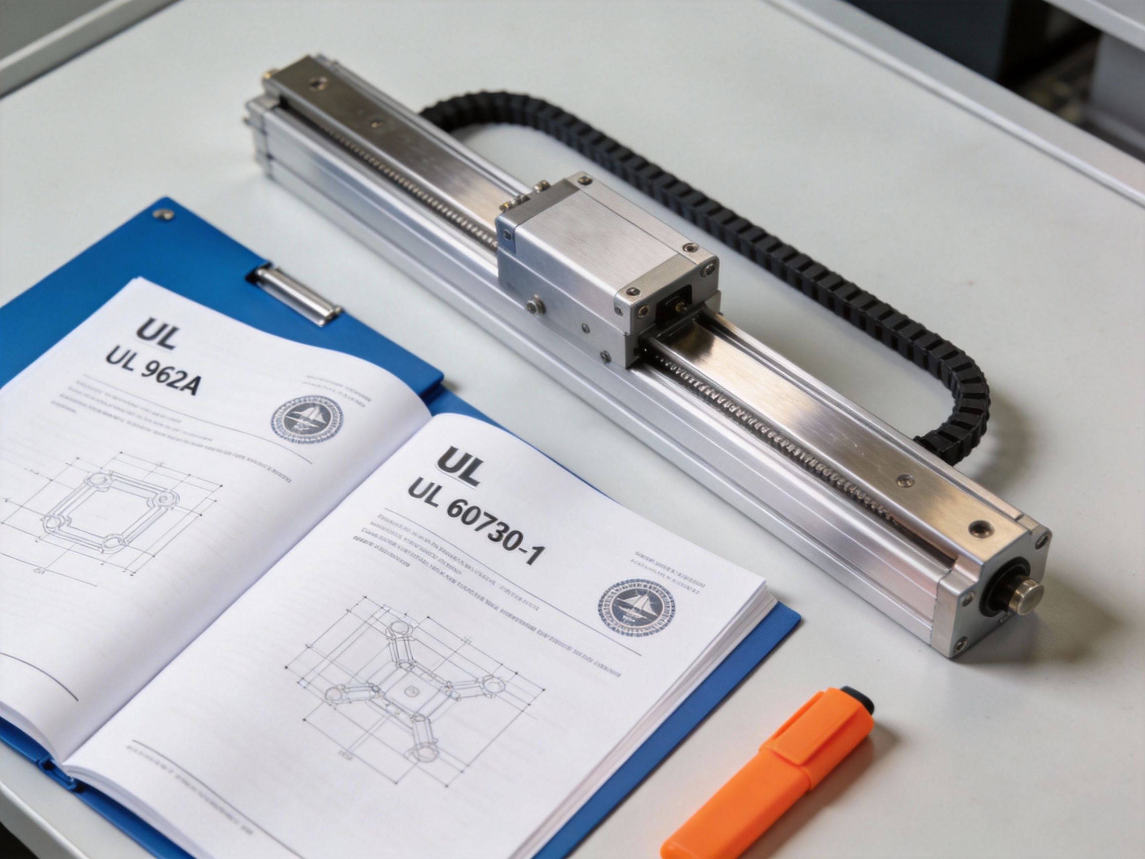 Two official UL standard documents for furniture and safety controls placed next to a modern linear actuator on a workbench