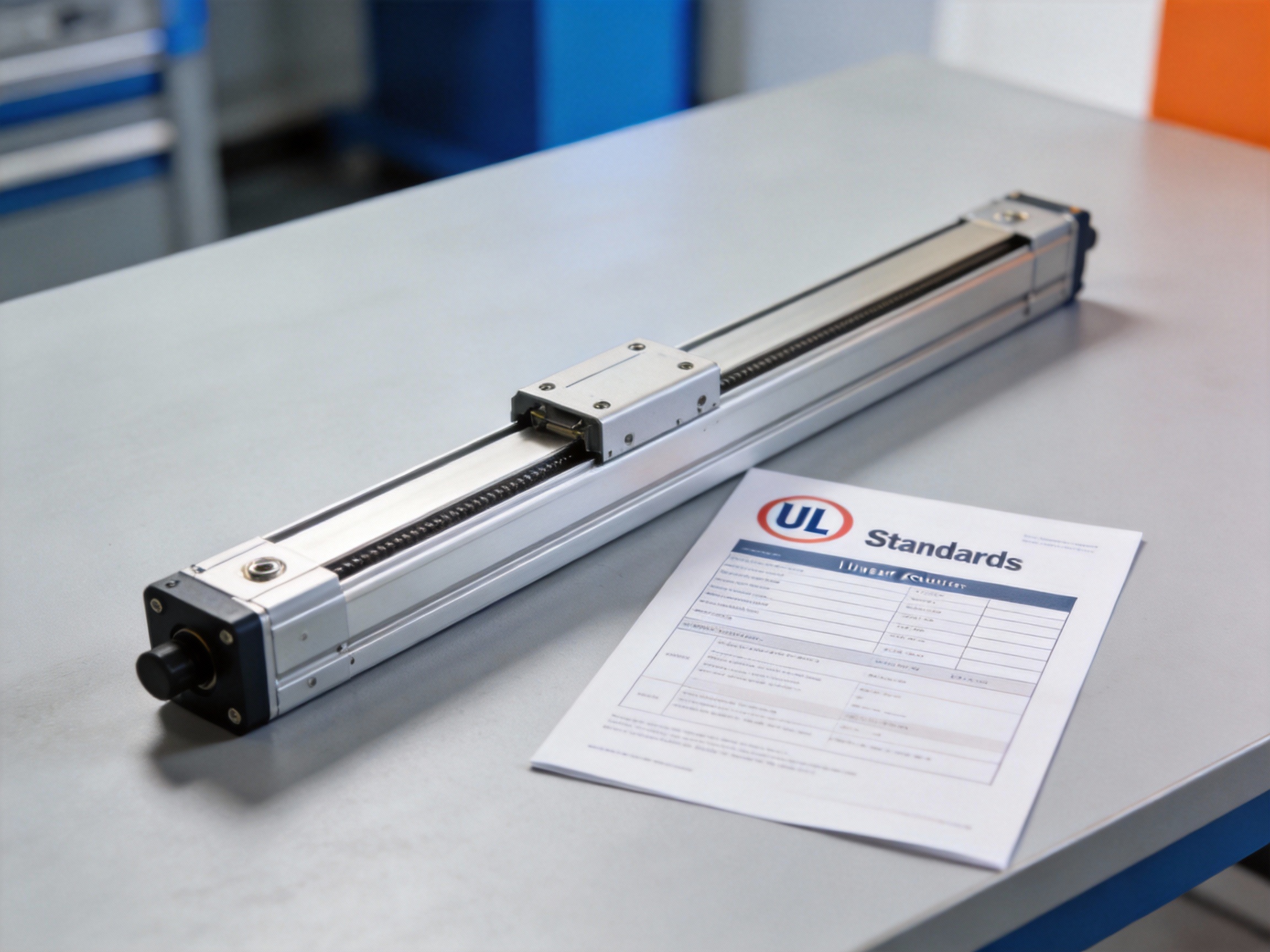 A UL-certified linear actuator for furniture sits on a workbench next to a printed UL standards document