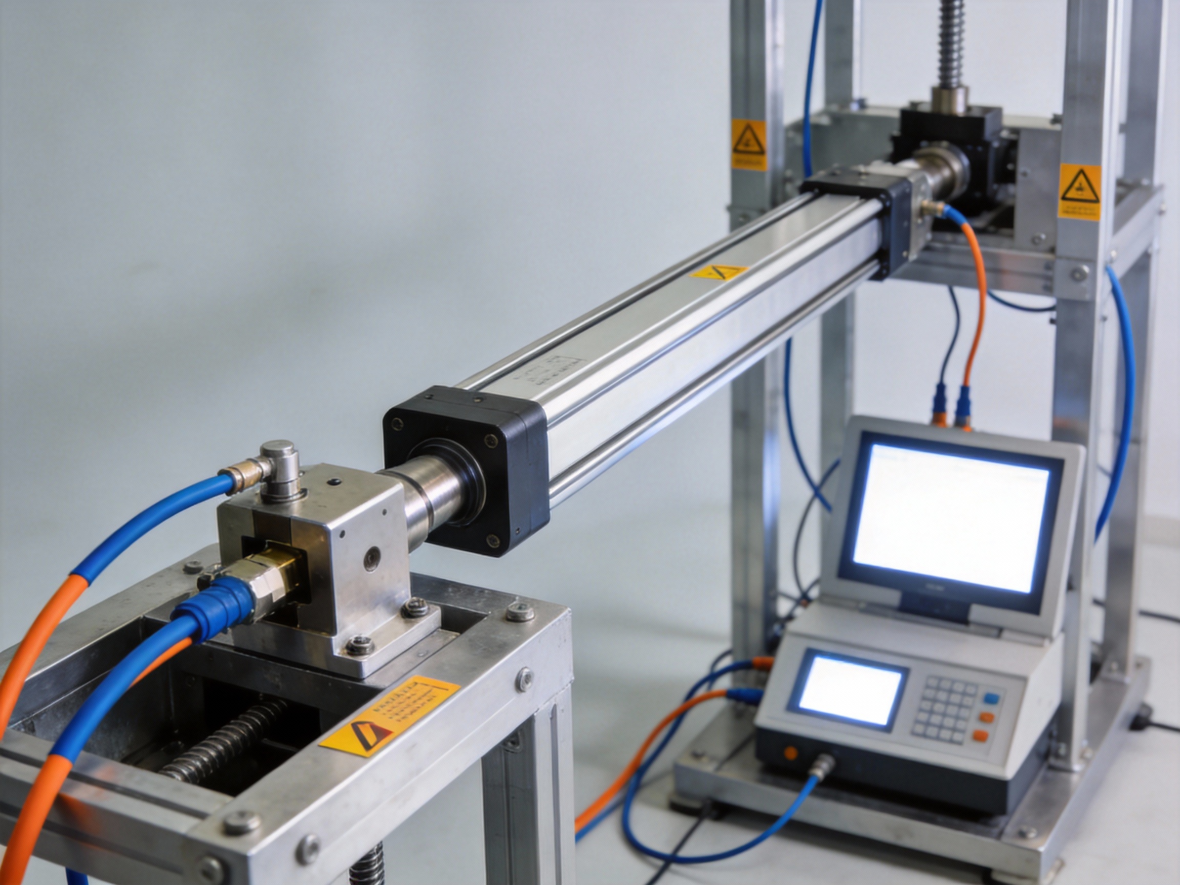 Linear actuator undergoing mechanical endurance testing in a professional laboratory with digital readouts