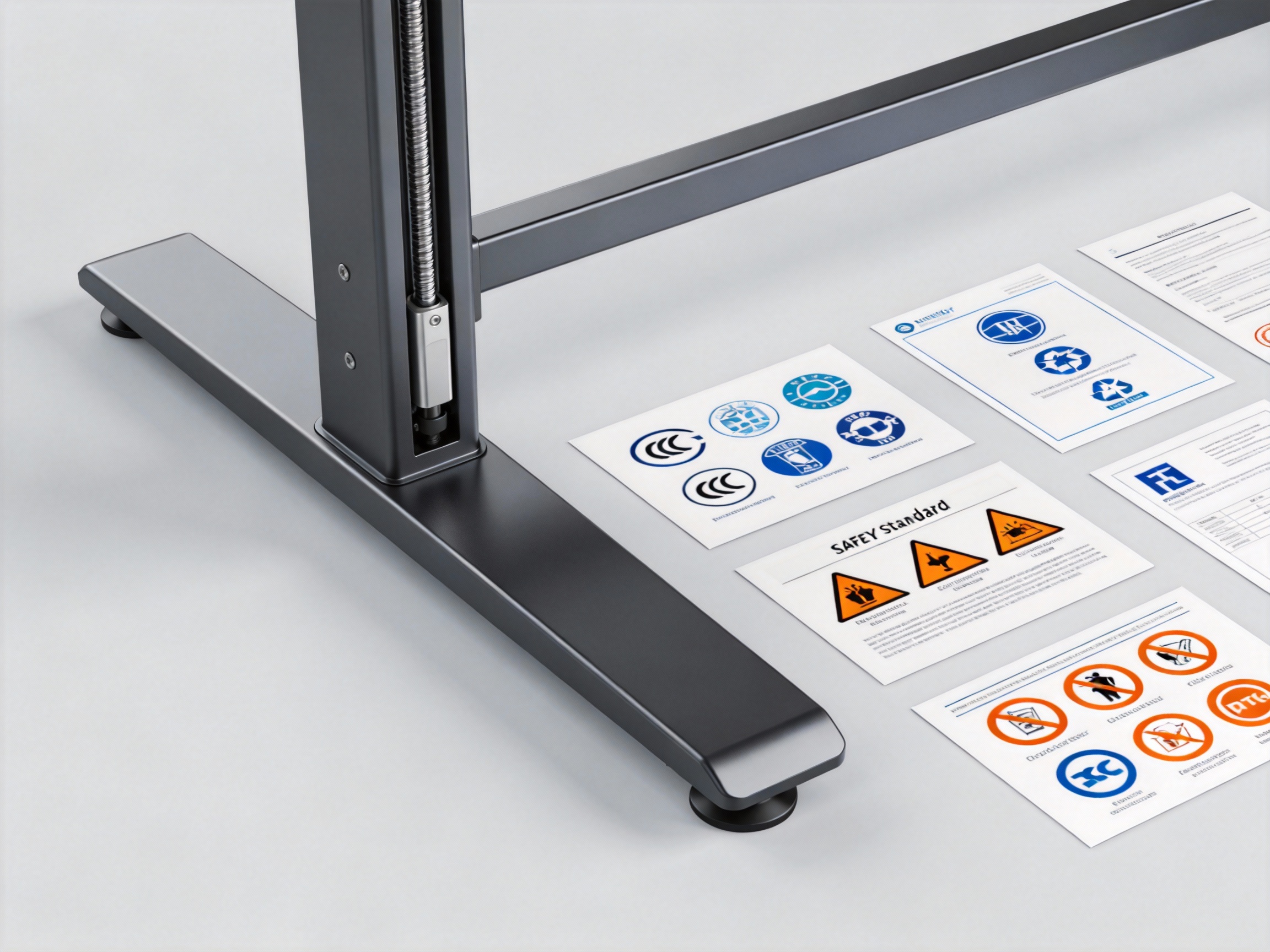 A collection of international safety certification labels and standards documents next to a modern adjustable standing desk