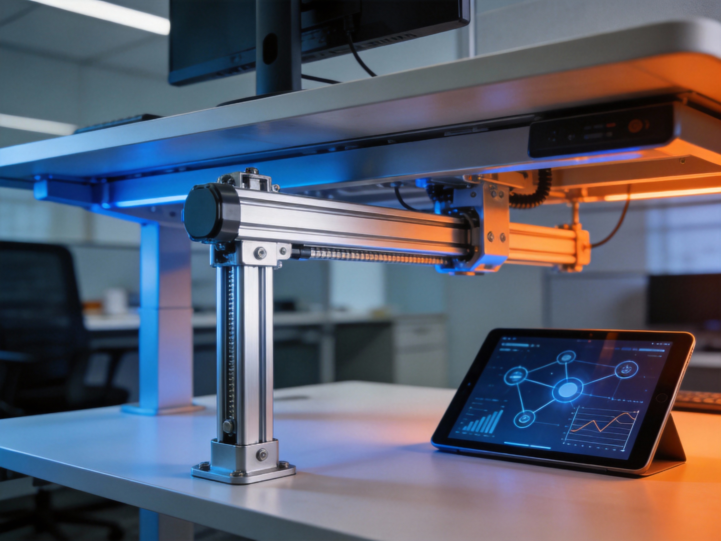 A modern ergonomic office desk with integrated linear actuators adjusting height, connected to a tablet displaying abstract network icons