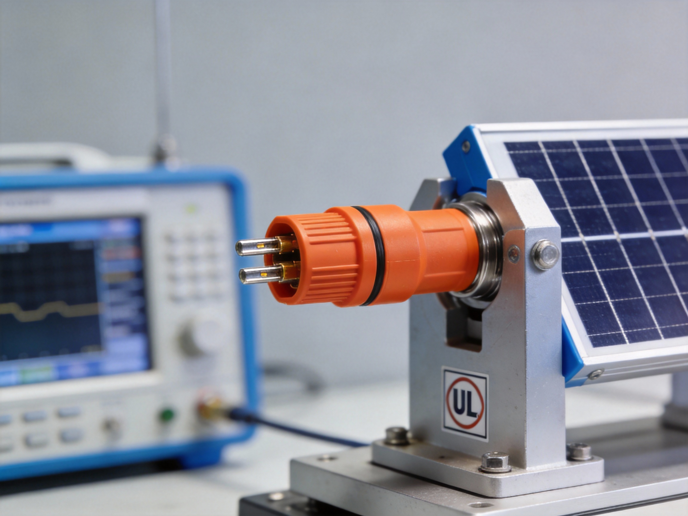 A UL 6703 certified solar panel connector undergoing a safety test in a professional laboratory setting