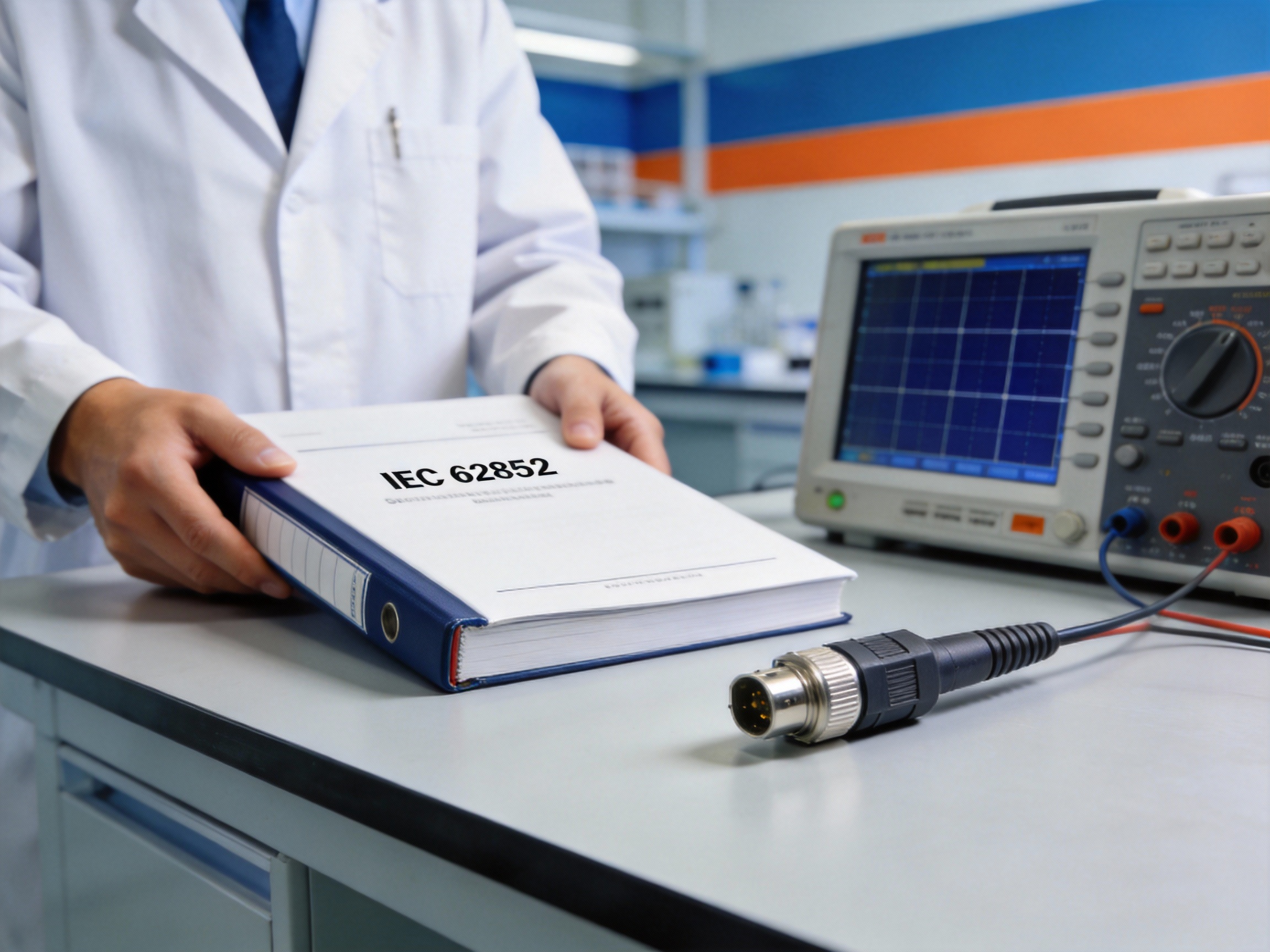 A professional engineer in a lab coat reviews the IEC 62852 standard document next to a solar panel connector