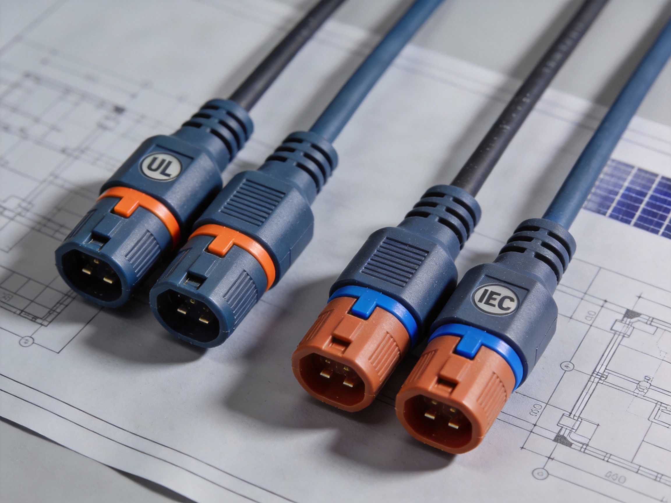 Side-by-side comparison of UL 6703 and IEC 62852 compliant solar connectors on a technical blueprint