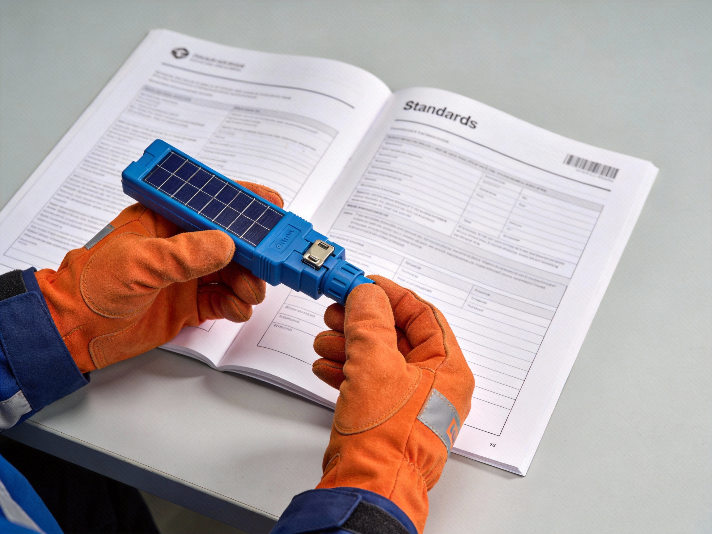 A professional technician in safety gloves comparing a certified solar panel connector against a printed standards document