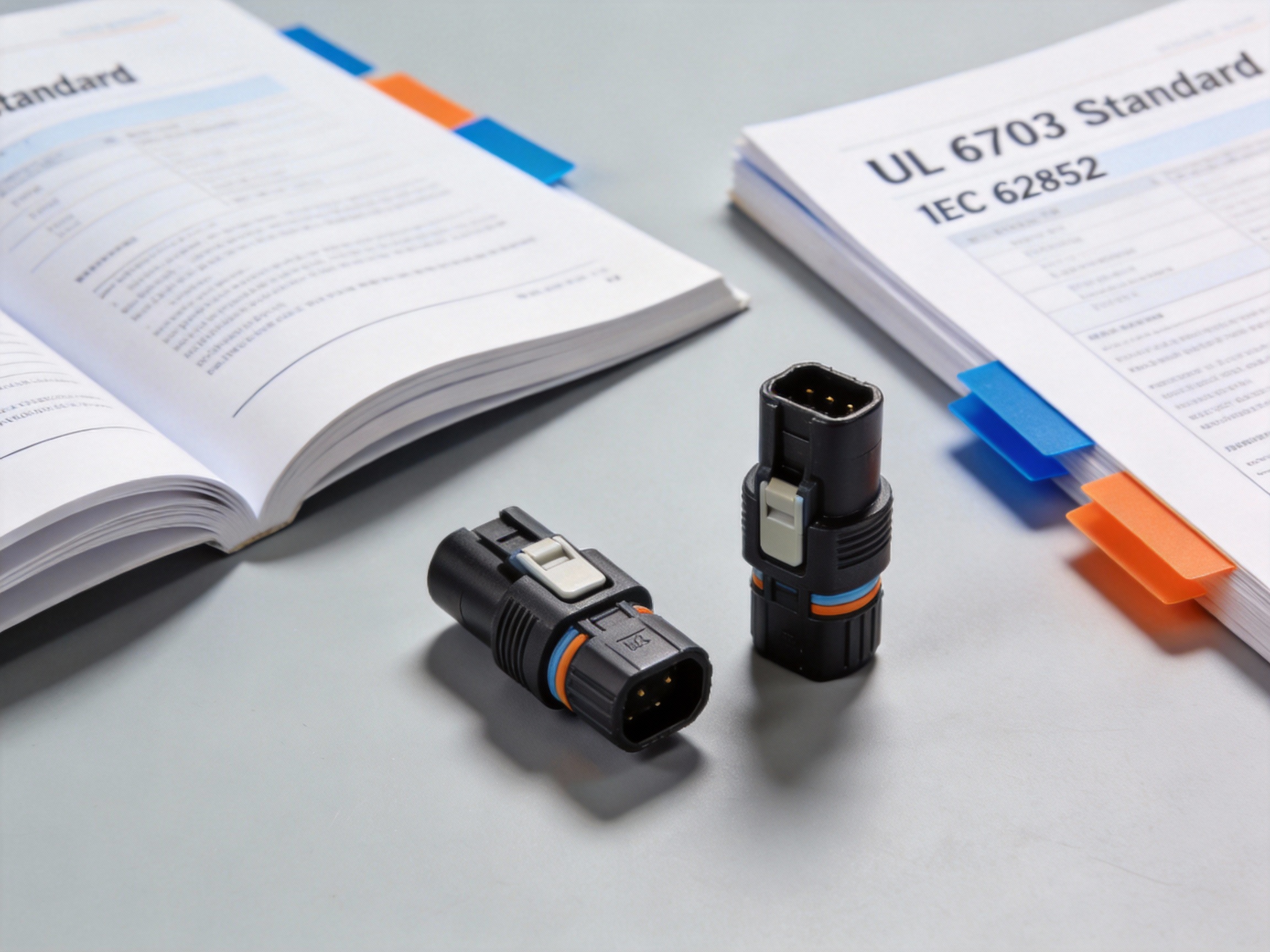 Close-up of an MC4 solar panel connector being inspected next to official UL and IEC certification documents
