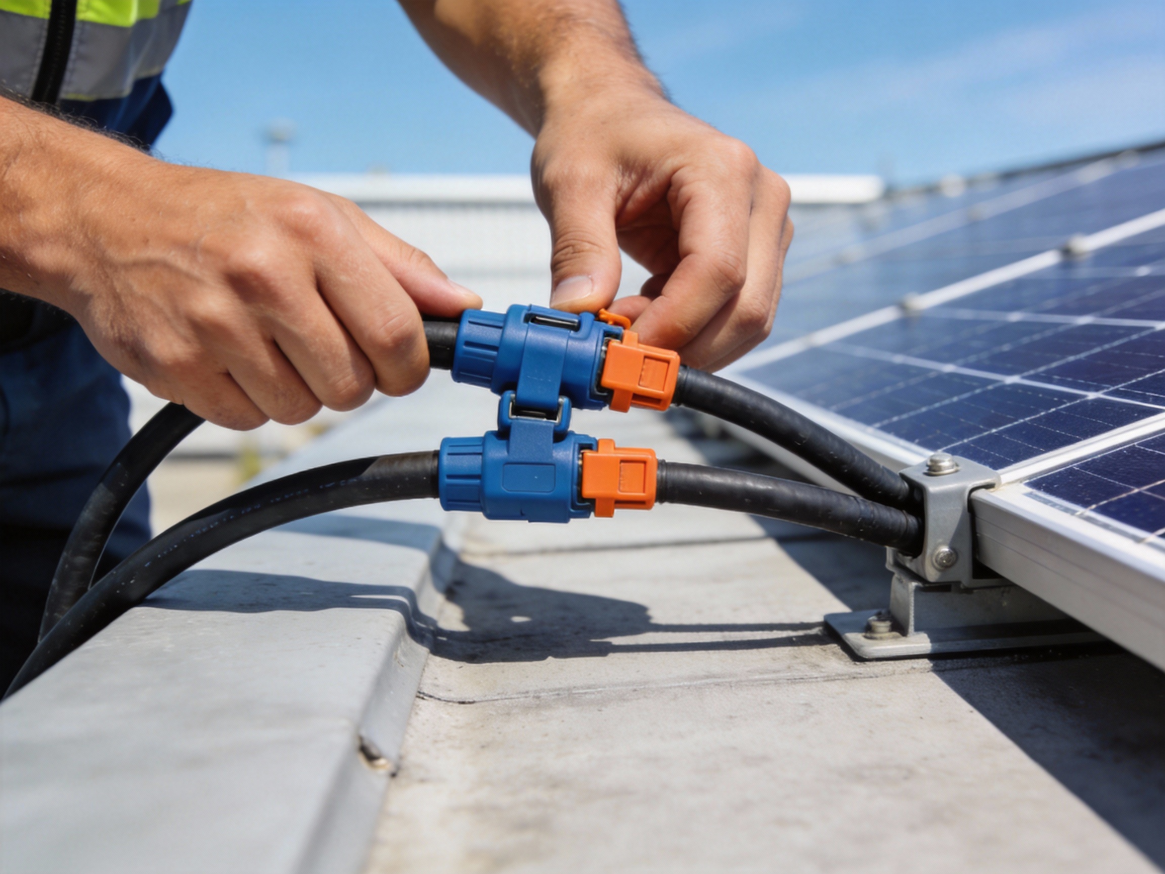 Close-up of professional hands connecting solar panel cables with durable, weatherproof connectors on a rooftop installation