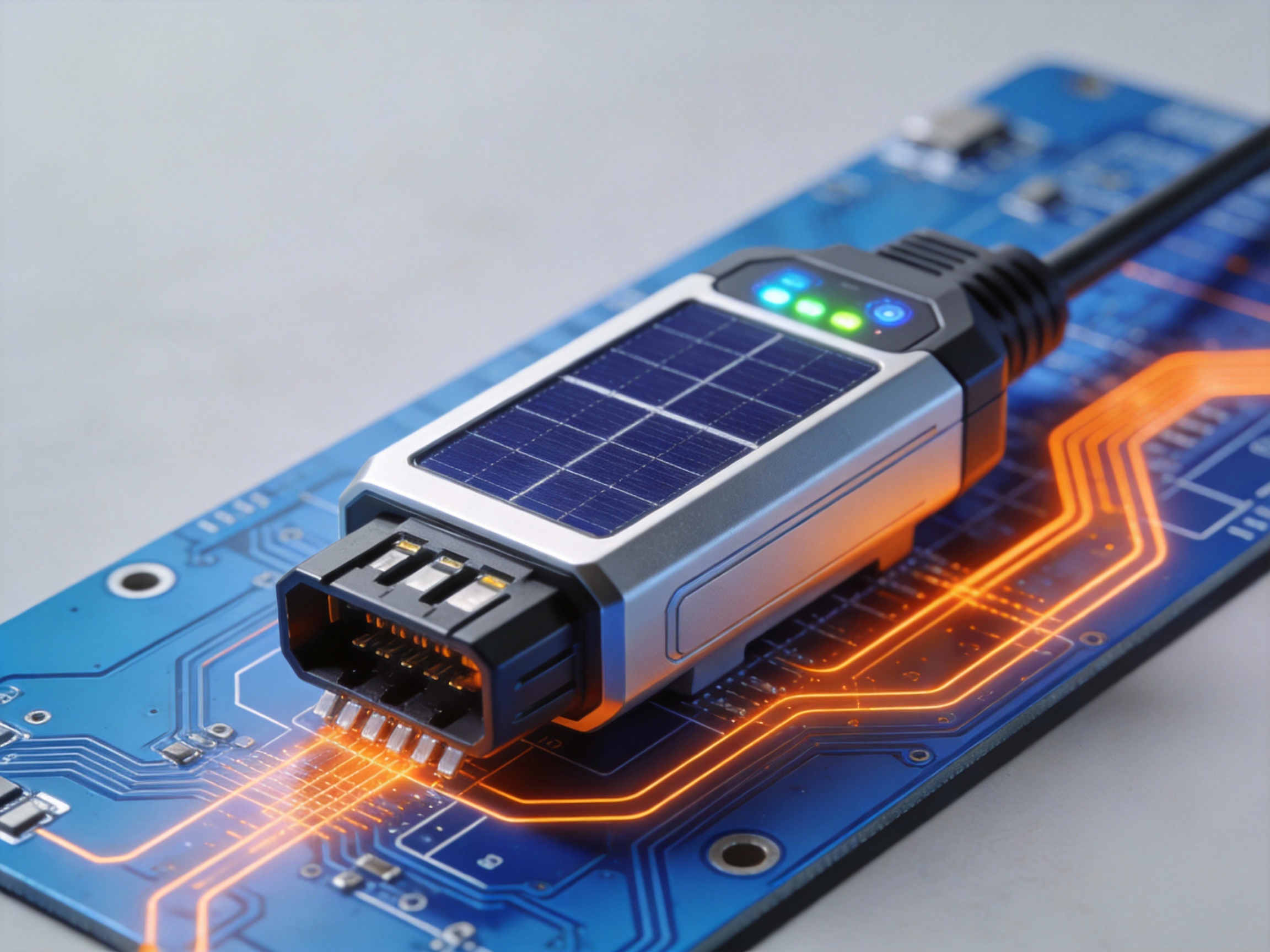 Futuristic solar panel connector with integrated smart sensor and sleek design on a blue circuit board background