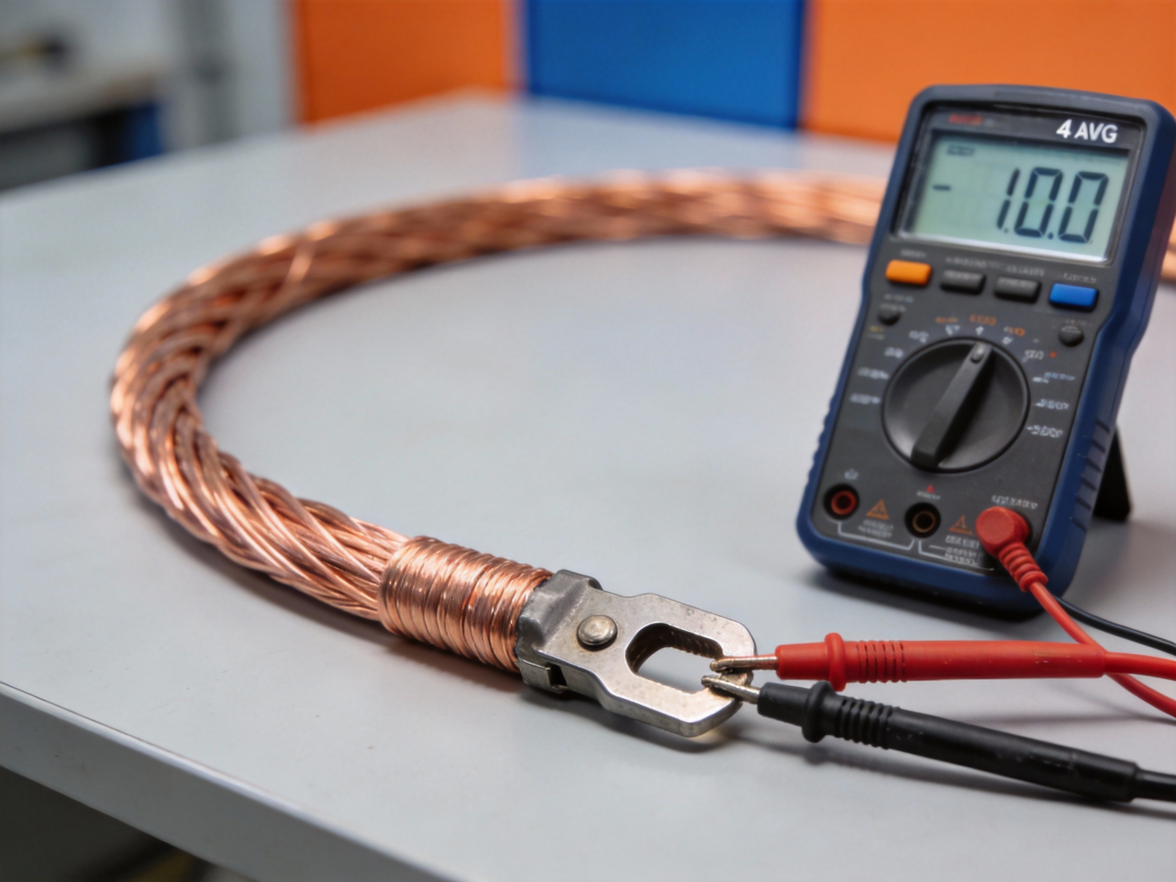 Close-up of a 4 AWG copper wire connected to an ammeter showing a current reading in a professional electrical testing setup
