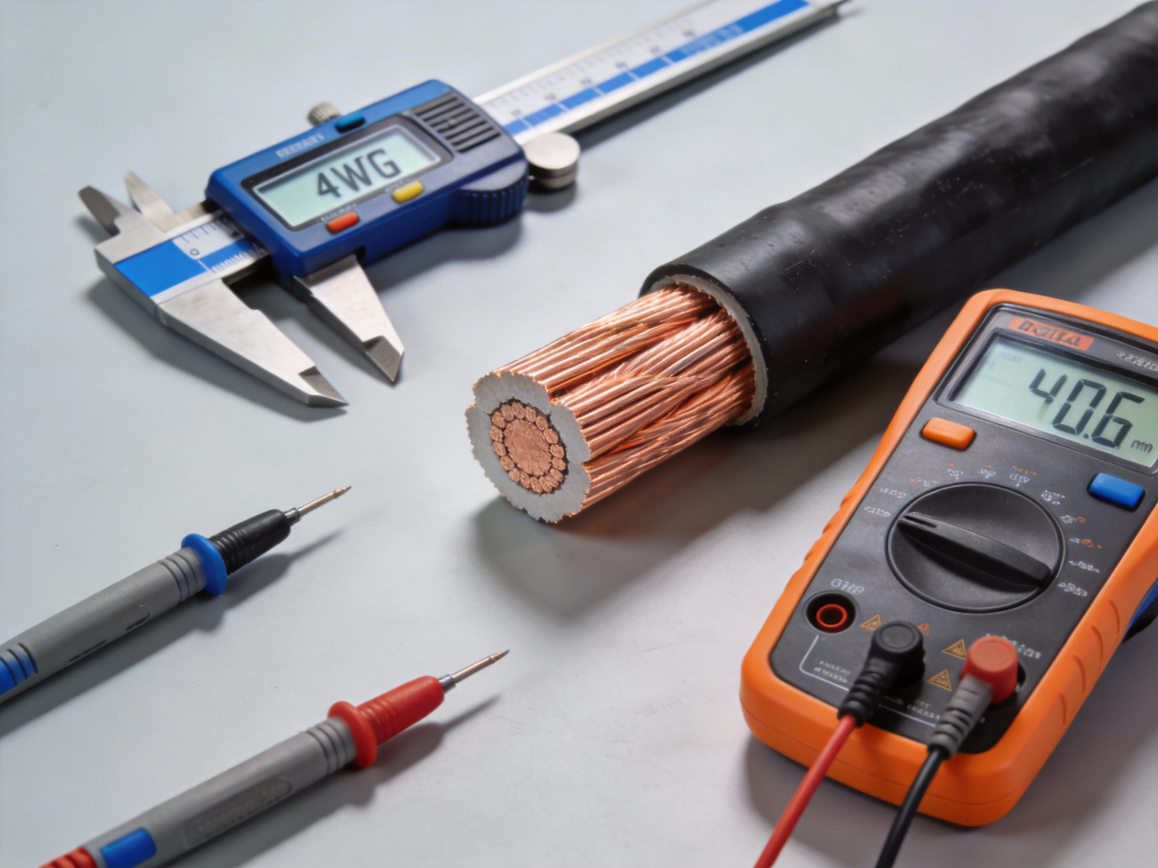 Close-up of a 4 AWG wire cross-section next to precision calipers and a digital multimeter on a workbench