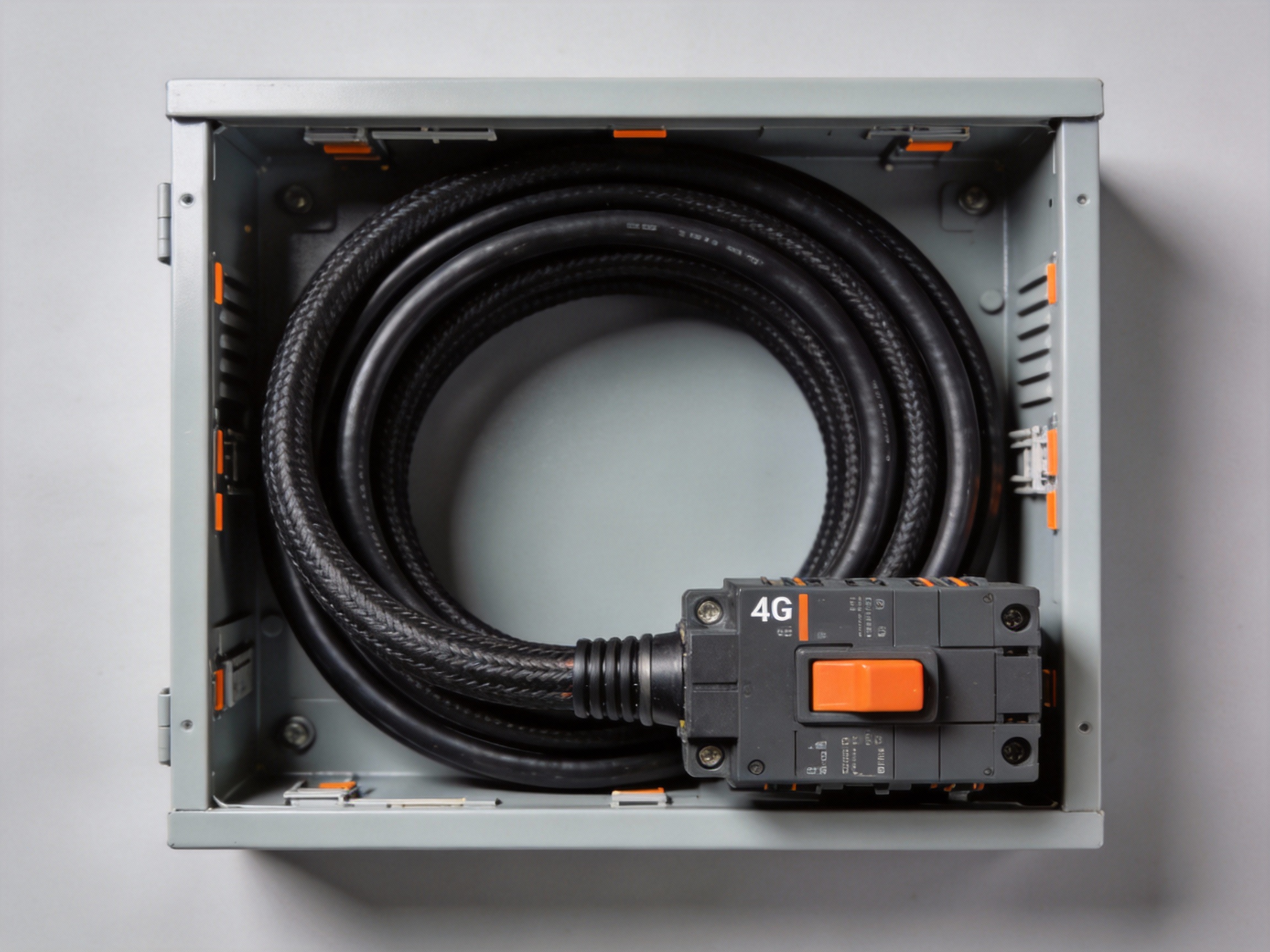 A coil of 4 AWG electrical wire installed in a modern residential electrical panel with orange-tipped connectors