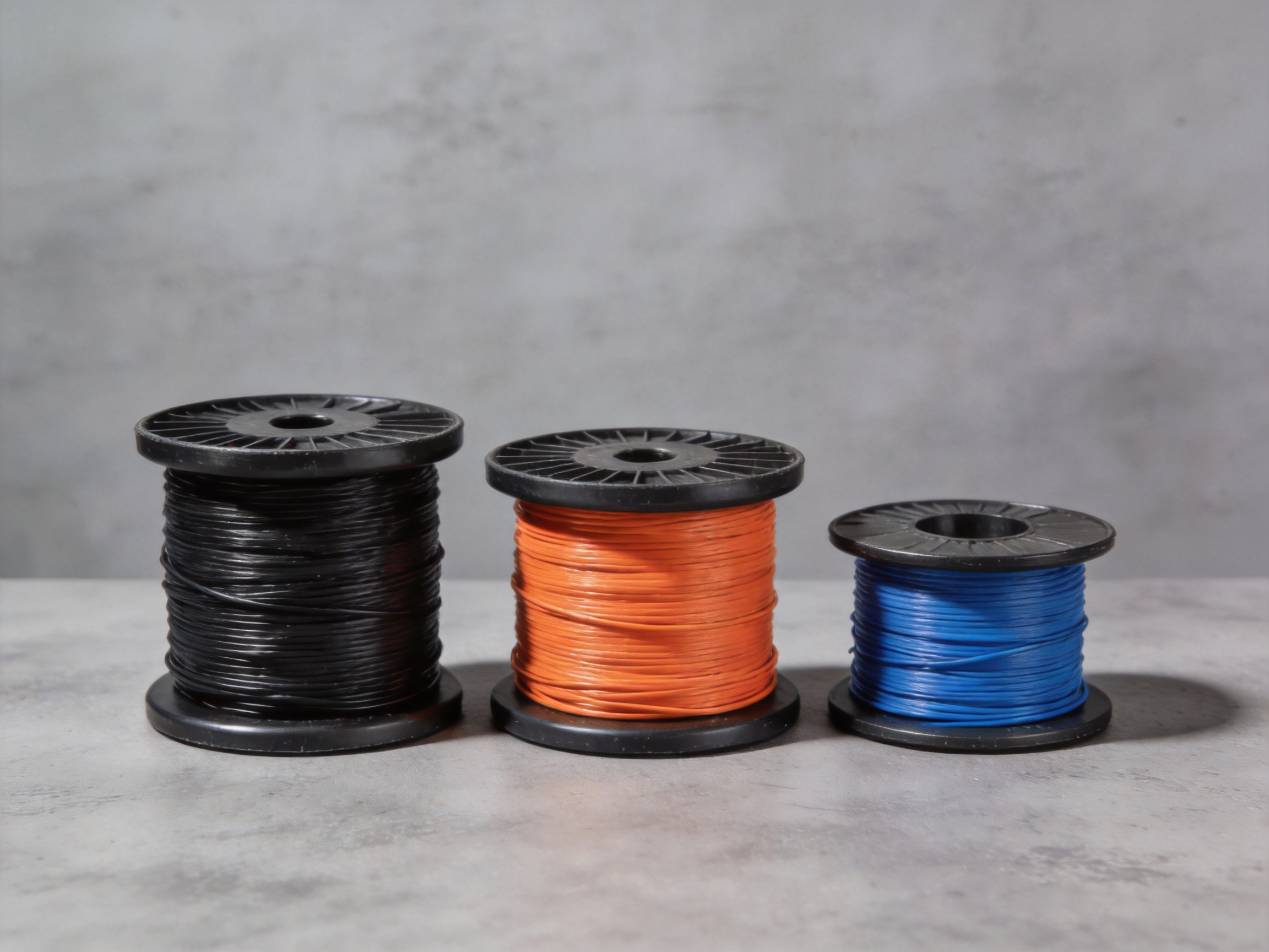 Three labeled wire spools of 2 AWG, 4 AWG, and 6 AWG wire arranged side-by-side on a clean workbench for comparison