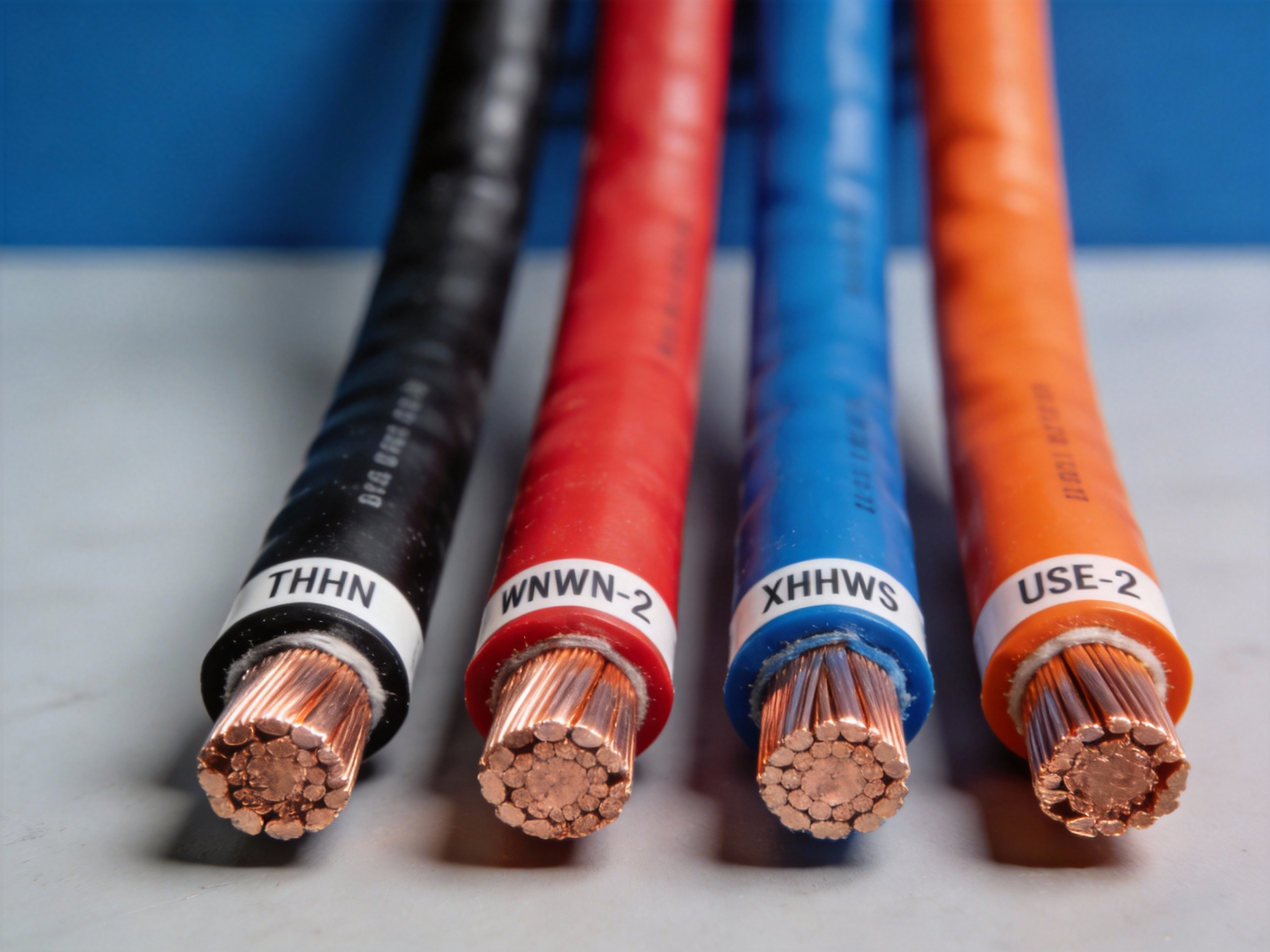 Professional comparison of four labeled 4 AWG wire spools with different colored insulation jackets on a clean workbench