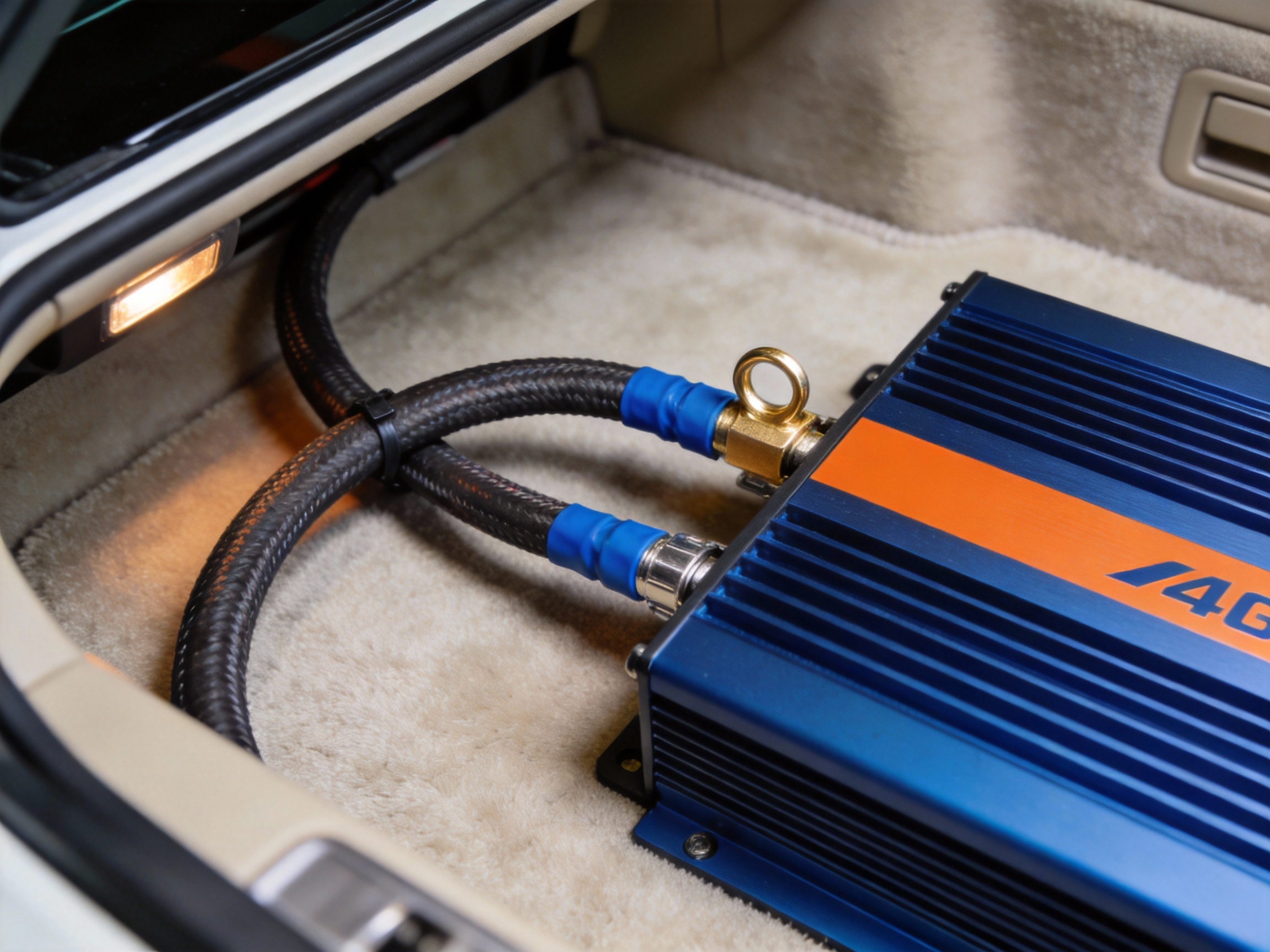 A close-up of 4 AWG car audio power cable connected to an amplifier in a vehicle