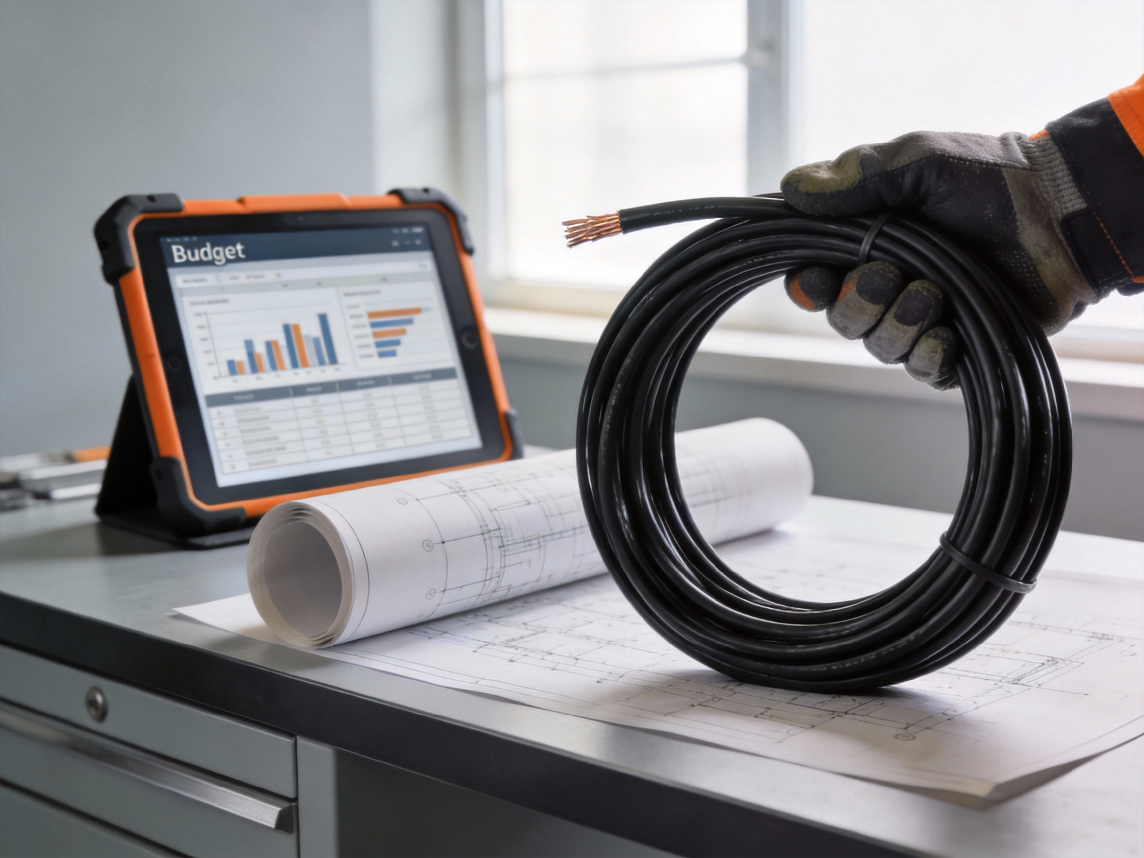 A professional electrician holds a coil of 4 AWG wire next to a project blueprint and budget spreadsheet on a workbench