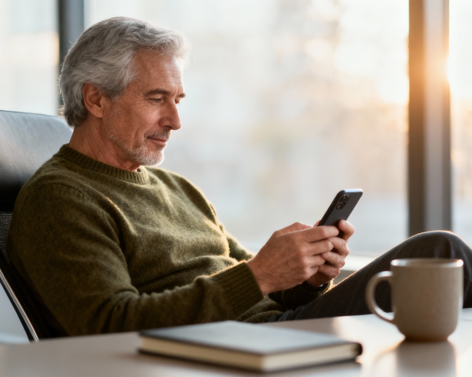 50plus Man in Modern Office
A relaxed older man in a green sweater sits in a modern chair, holding a smartphone, with a mug and book on a desk in a sunlit room.