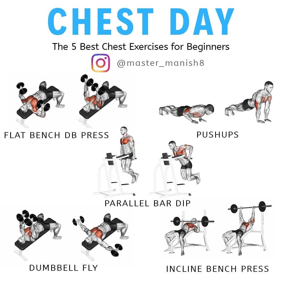 A woman on a mat shows proper dumbbell chest press form for a beginner, with arms bent and weights held at her chest.