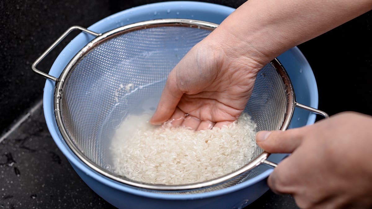 Straining cloudy rice water from white rice through a metal sieve into a glass bowl for potential weight loss benefits.