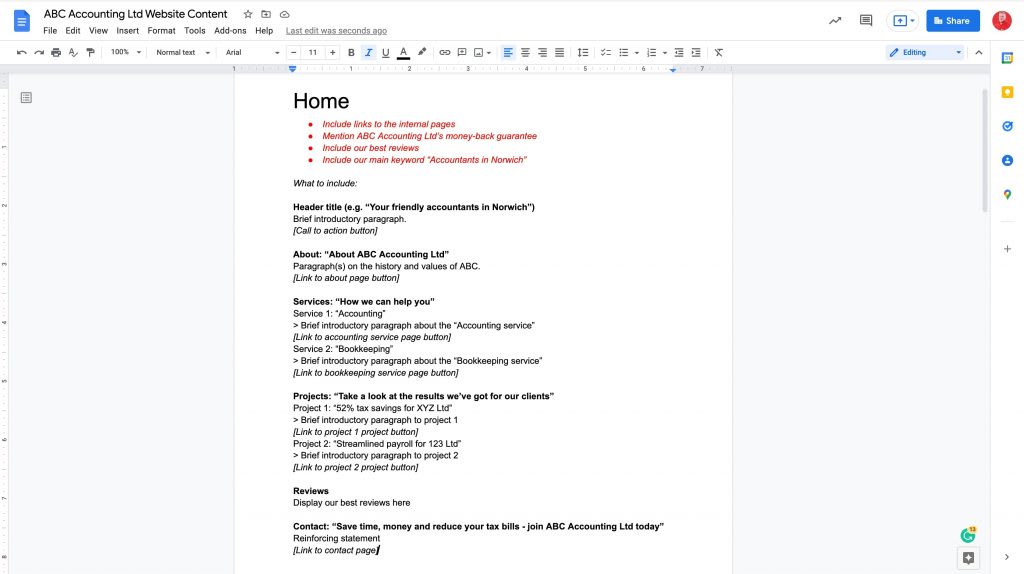 A diagram of a webpage layout showing how to write website content with orange highlights on the page title and sub-headings.