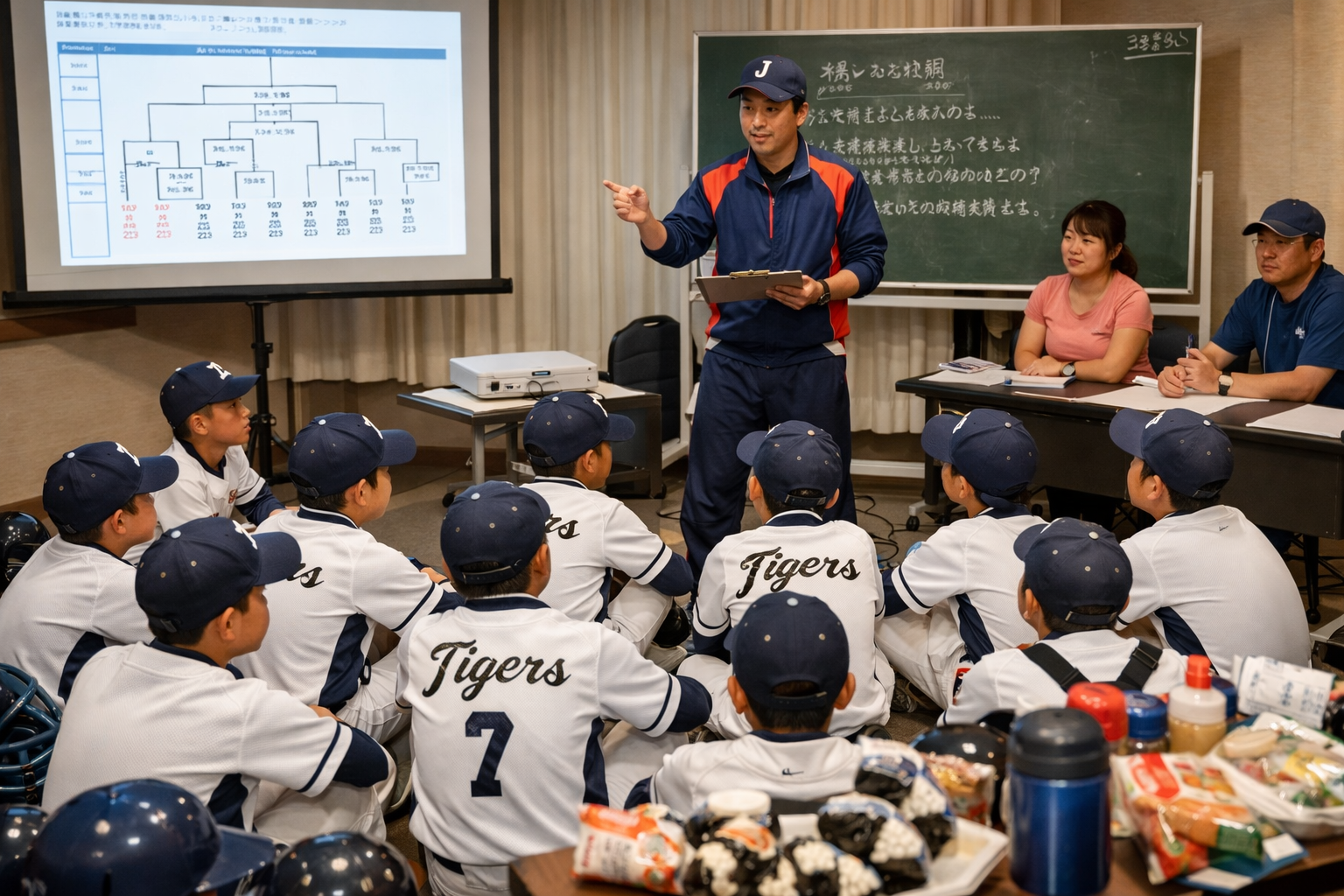 全日本リトルリーグ野球の試合中、選手たちが守備位置につく。晴れた日のトーナメントで、ピッチャーが投球準備をする緊張感のある一瞬。