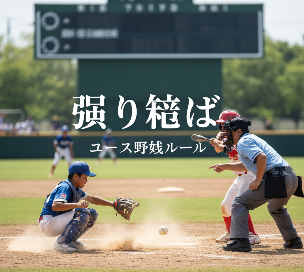 打者走者が一塁へ走る「振り逃げ」の図解。捕手が三振の投球を落としたため、打者が走り出す少年野球のルール。