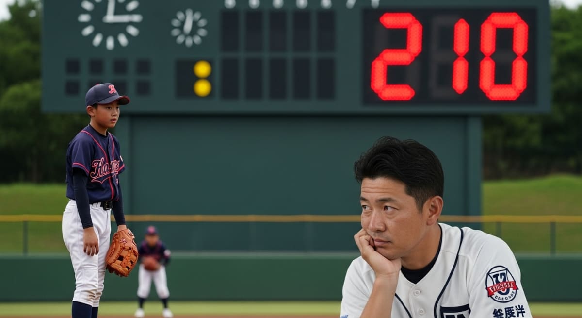 マウンドで力投する少年野球の投手と、彼の将来を第一に考え、投球数制限の中で難しい決断を迫られる指導者の苦悩を描いたイラスト。