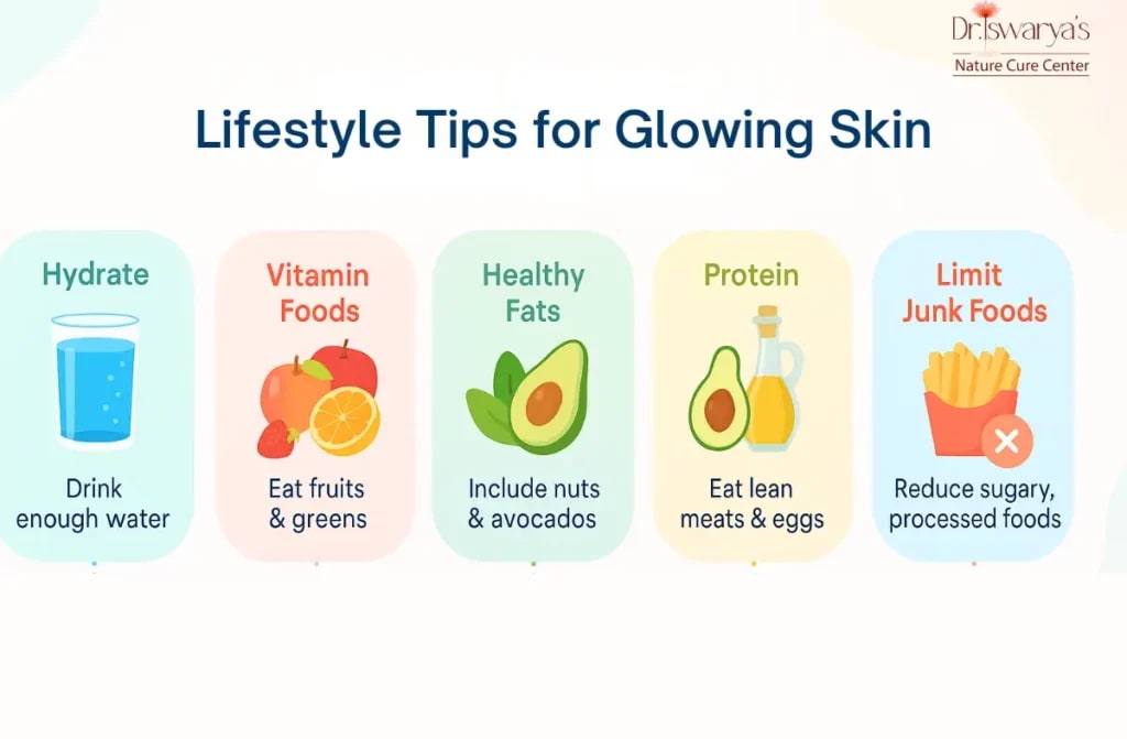 A smiling woman with clear, glowing skin holds a green apple to her cheek, illustrating a diet for healthy skin.