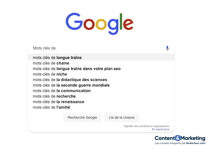 Infographie bleue et jaune expliquant comment trouver des mots-clés de longue traîne en 5 étapes illustrées par des icônes.
