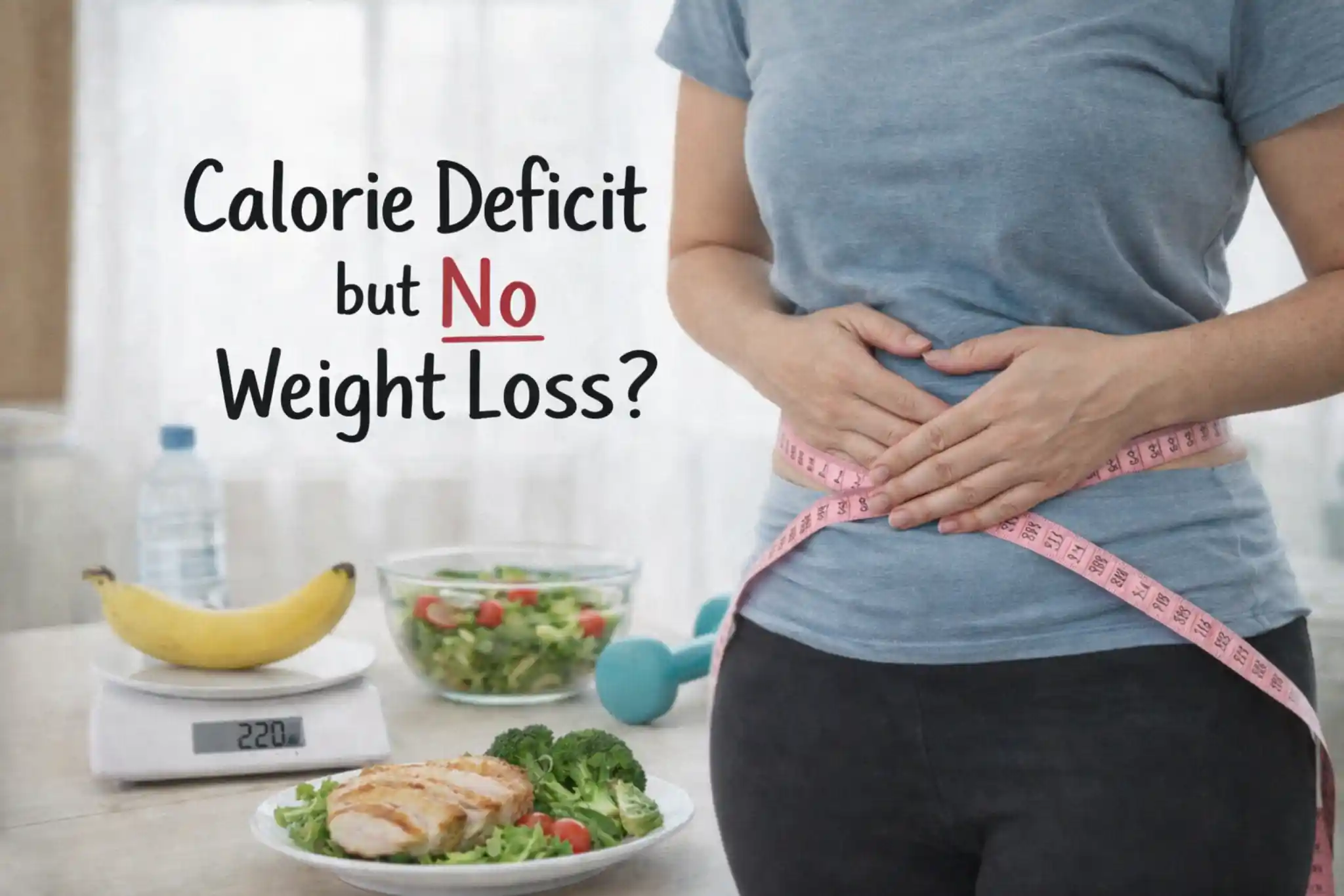 A frustrated man on a red scale sees a sad face, confused why hes not losing weight despite a calorie deficit.