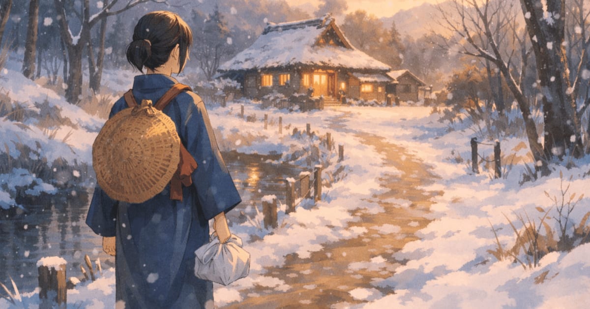 落語『藪入り』で奉公帰りの息子が土下座する場面。両親が涙ぐみながら迎える、家族の絆を描いた浮世絵風の絵。