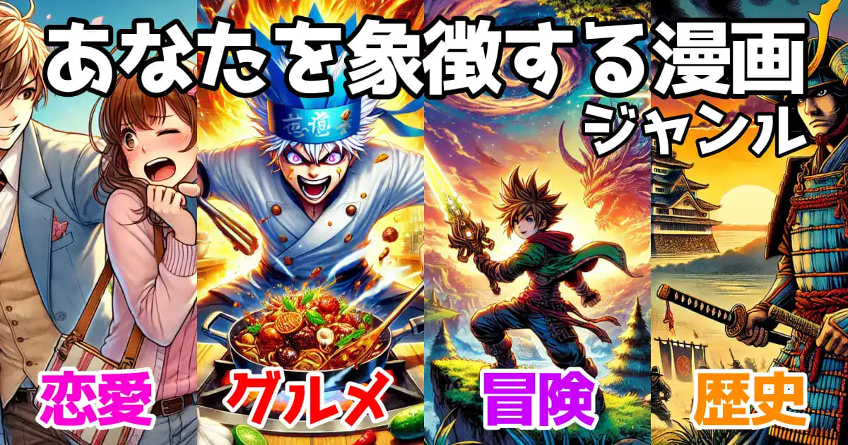 眼鏡をかけた女性がパソコンで漫画ジャンル診断中。頭の上に恋愛、ファンタジー、ミステリー、ホラーのアイコンが浮かび、自分の潜在的な好みを真剣に考えている。