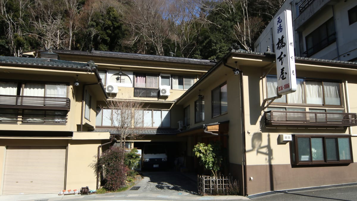 下部温泉の旅館にある、庭園を望む静かな和室。畳の上に座卓と座布団が置かれ、障子戸からは緑豊かな景色が広がる。