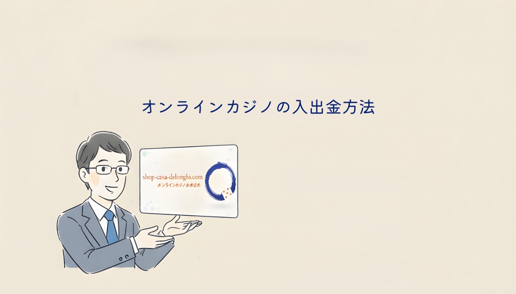 オンラインカジノの入出金フロー図。プレイヤーがクレジットカードや銀行送金を使ってカジノに入金し、カジノから出金する流れをアイコンで解説。