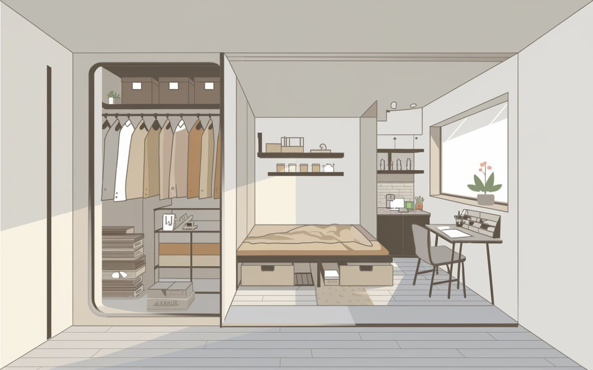 一人暮らしの部屋を広く見せる家具選びの実例。白を基調とした寝具と背の低い木製家具で、圧迫感をなくし開放的な空間を演出。